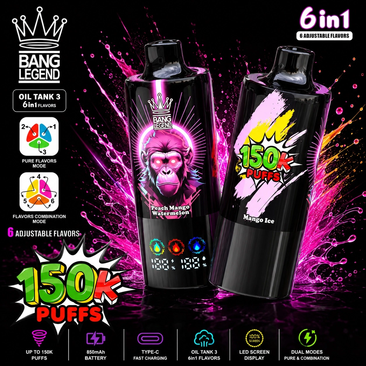 Bang Legend 150K Vape pink monkey flavor disposable vape 150000 puffs