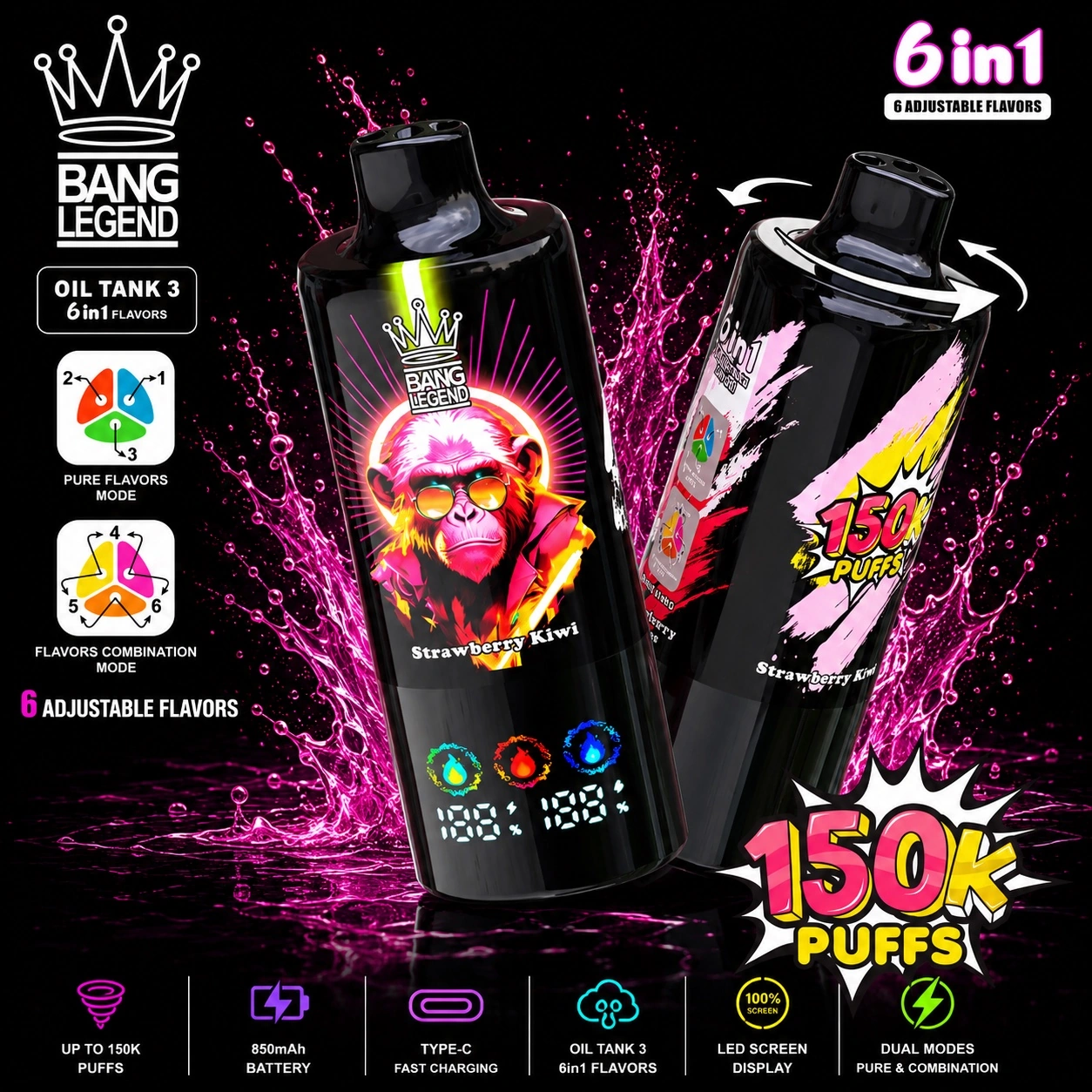 Bang Legend 150K Vape pink flavor 6 in 1 rechargeable disposable vape