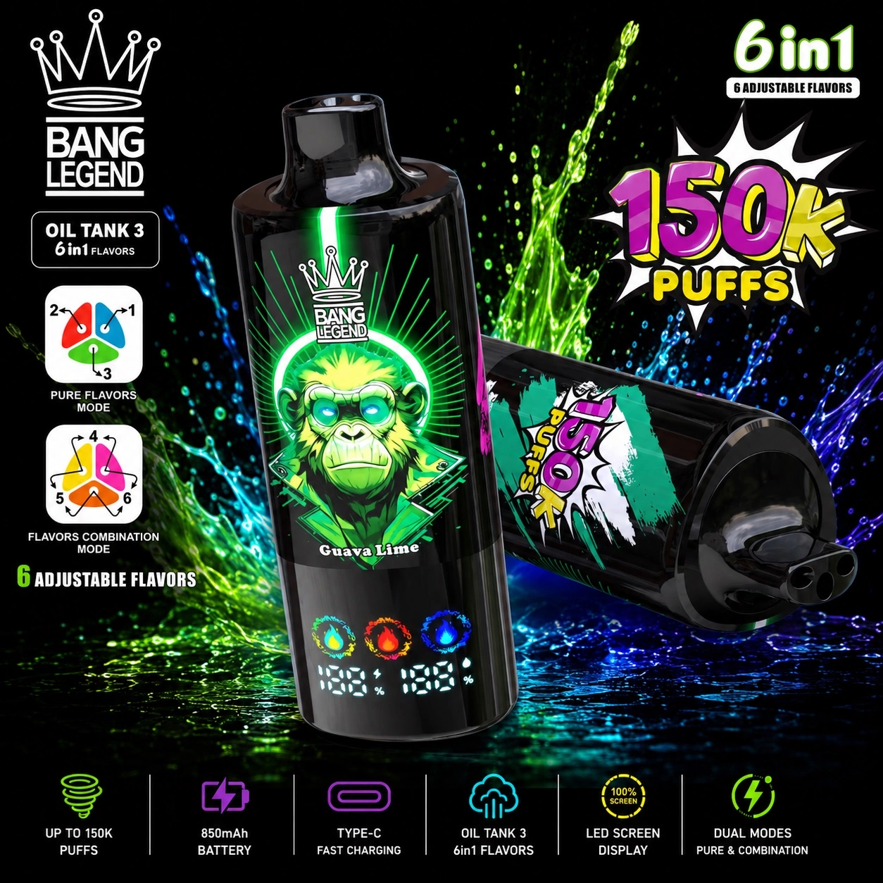 Bang Legend 150K Vape green monkey flavor 6 in 1 disposable vape