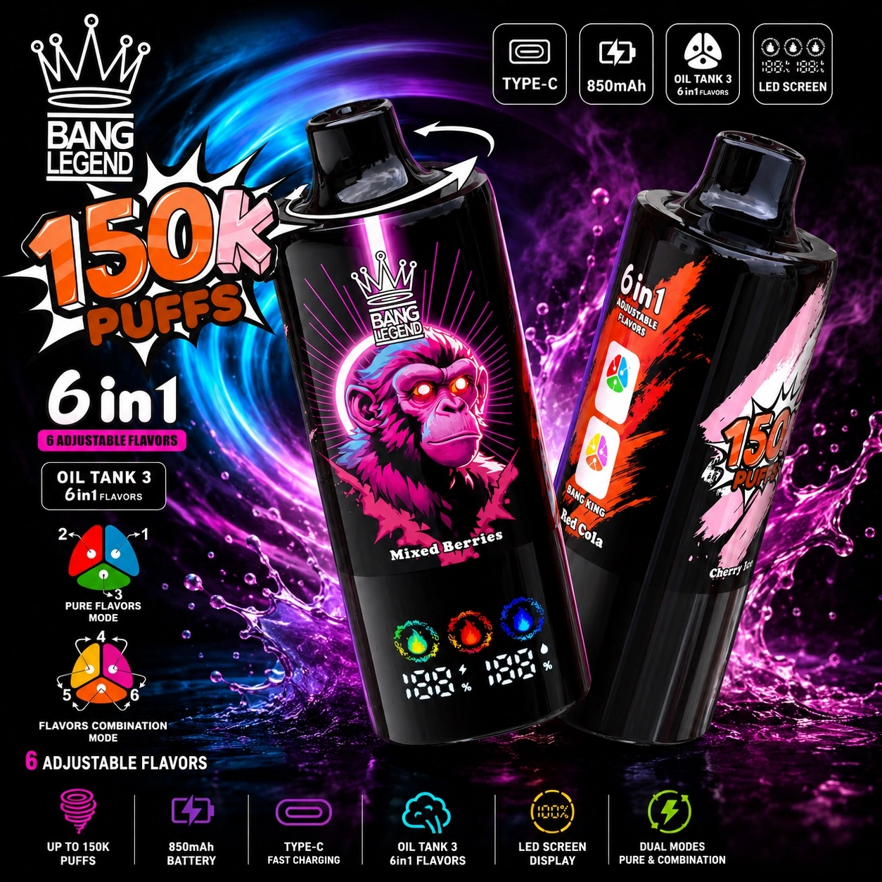 Bang Legend 150K Vape pink purple flavor rechargeable disposable vape