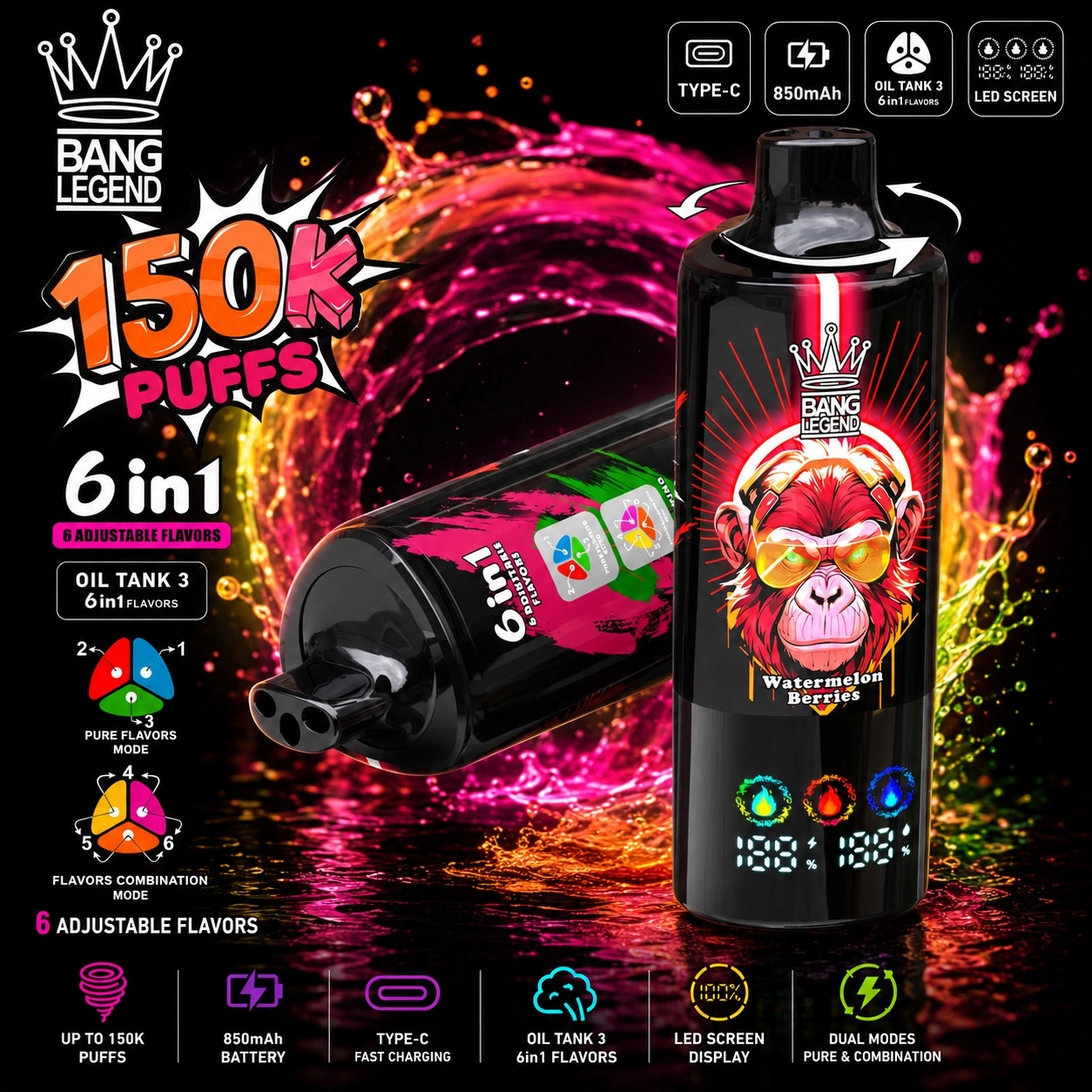 Bang Legend 150K Vape red flavor 6 in 1 disposable vape 150000 puffs