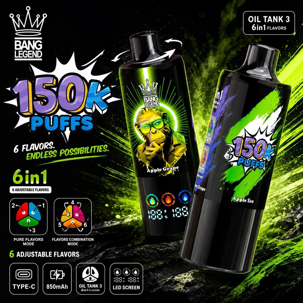 Bang Legend 150K Vape green flavor 6 in 1 disposable vape with oil tank