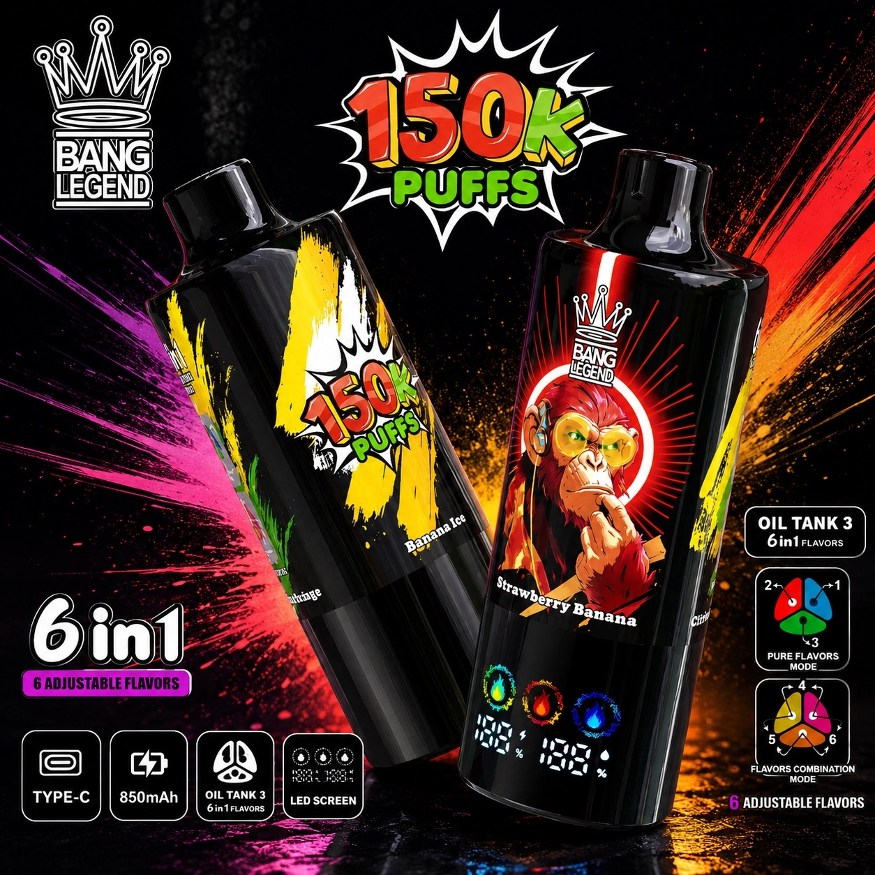 Bang Legend 150K Vape yellow and red flavor disposable vape 150000 puffs