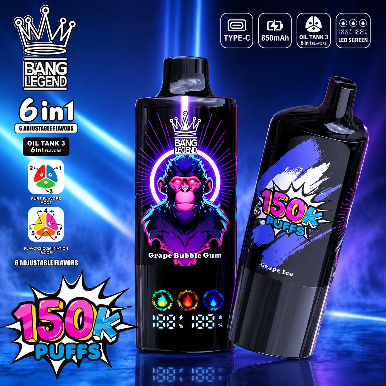 Bang Legend 150K Vape 6 in 1 flavors disposable vape product display