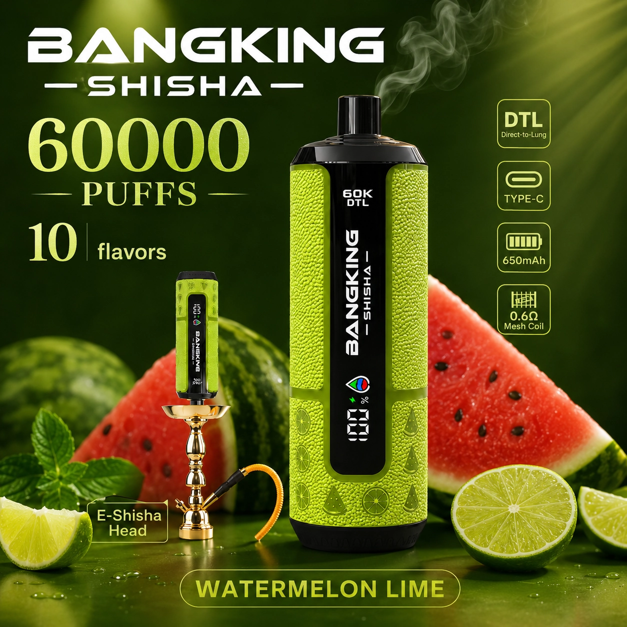Bang King Shisha 60K DTL e-shisha disposable vape with Watermelon Lime flavor