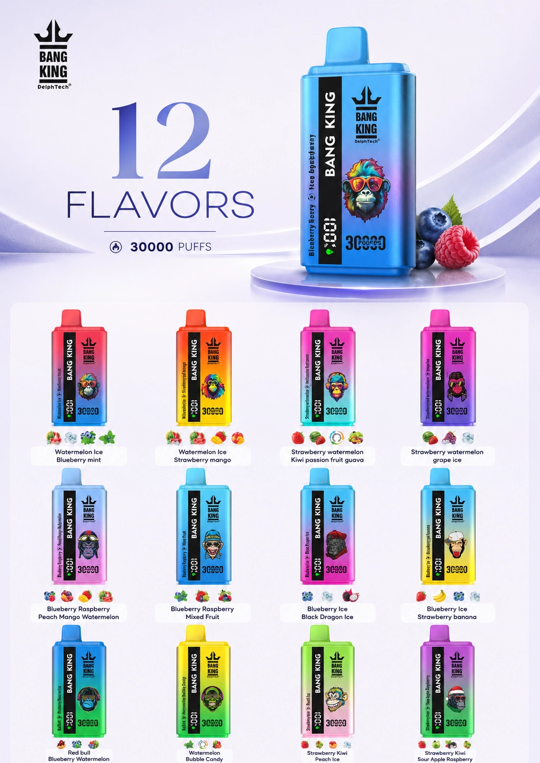 Bang King 30000 puffs disposable vape flavor collection with dual flavor design
