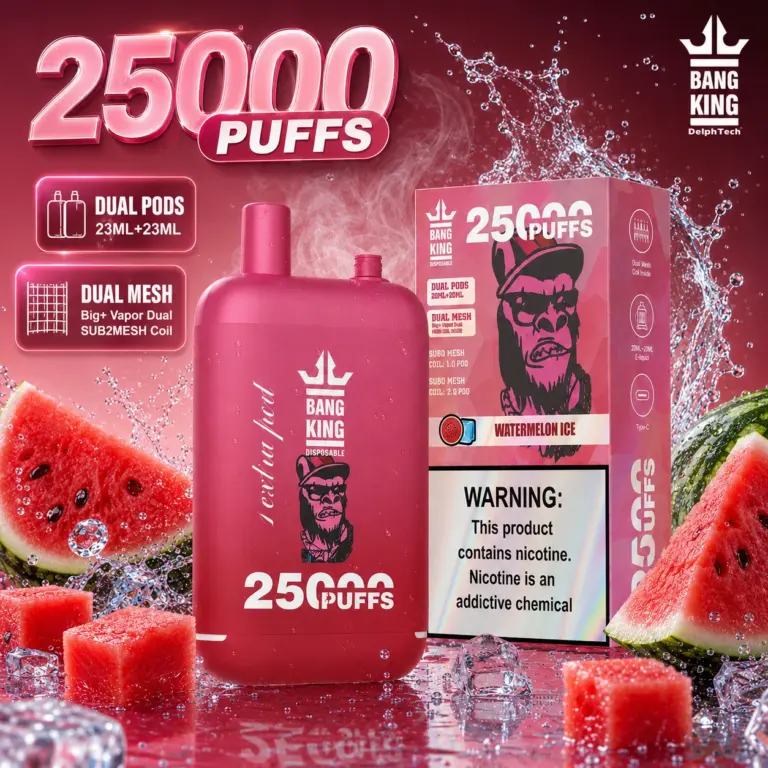 Bang King 25K Vape Watermelon Ice Type-C rechargeable disposable vape with dual pods and up to 25,000 puffs