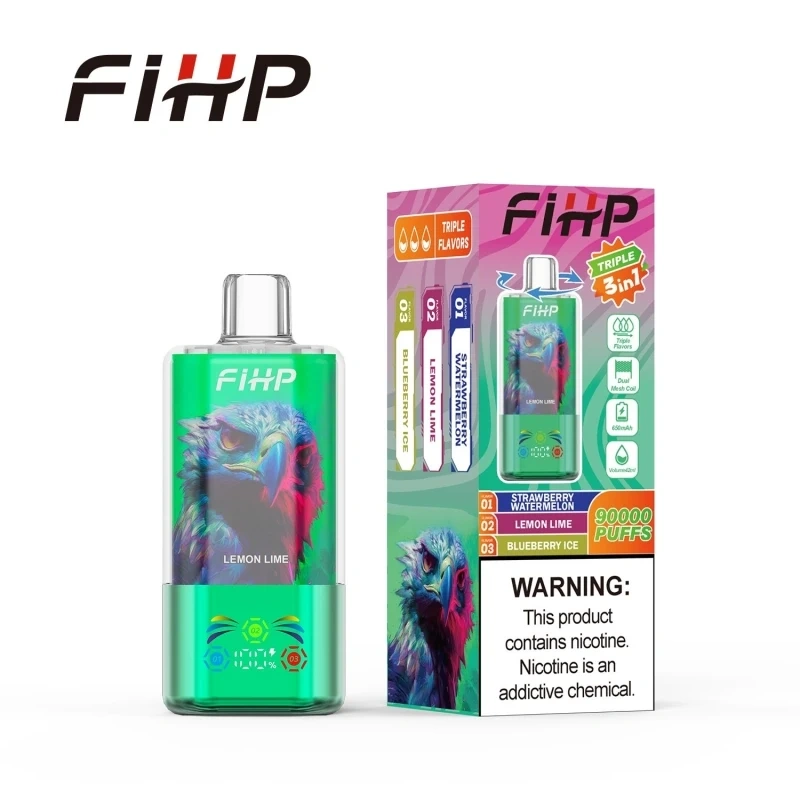 FIHP 90K 3-in-1 disposable vape in Peach Berry Triple Melon Watermelon Ice flavor, showing the device design and product presentation