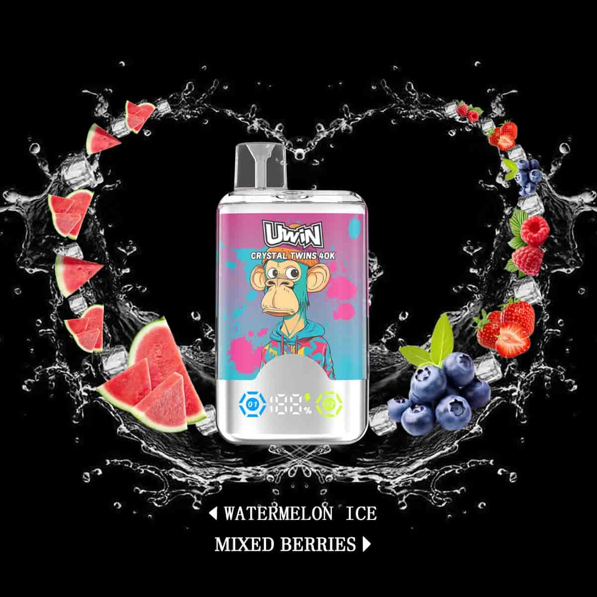 UWIN Crystal Twins 40K disposable vape in Vape Puffs Watermelon Ice Mixed Berries flavor, showing the device design and product presentation