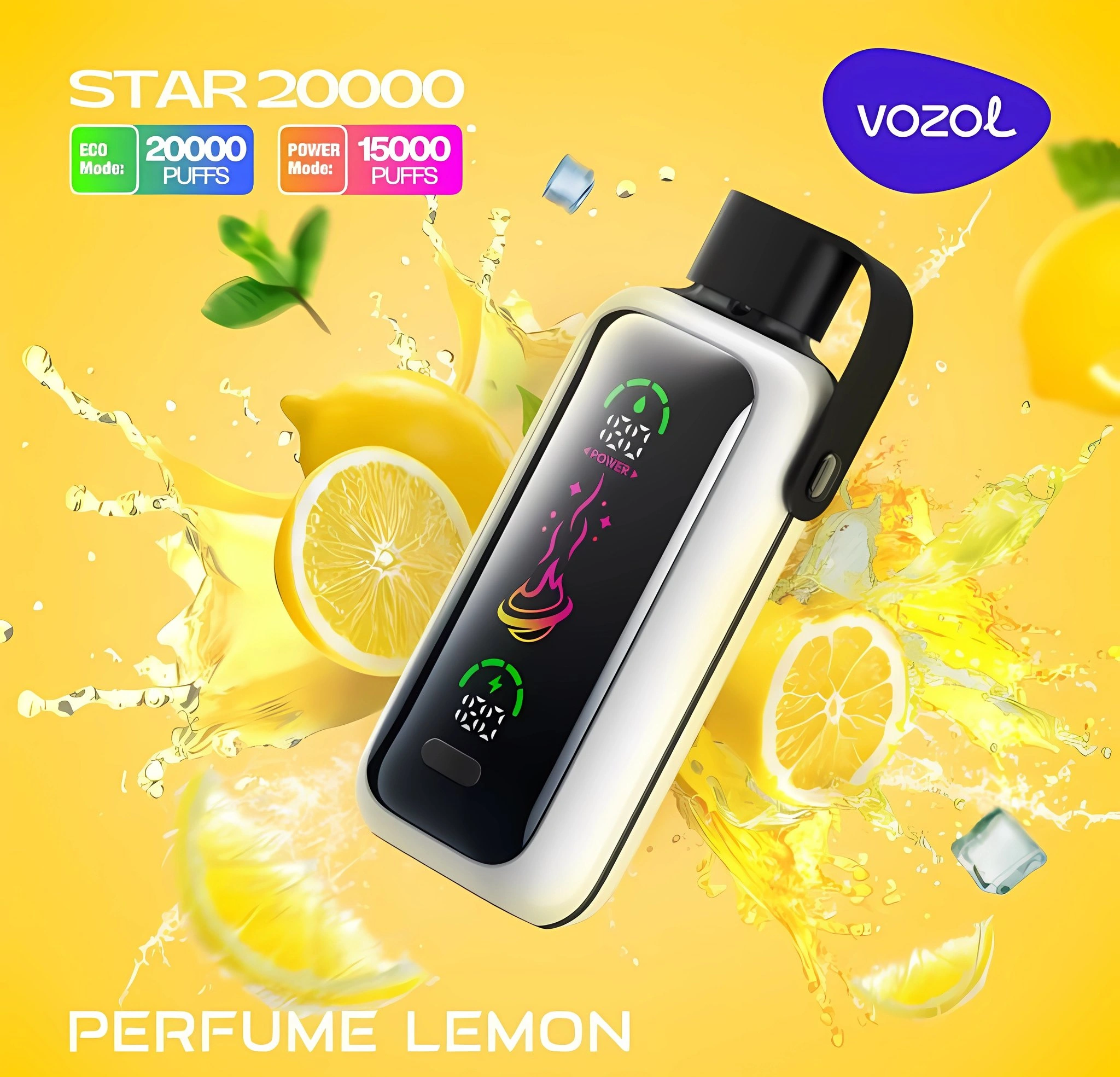 Vozol Star 20K disposable vape in Perfume Lemon flavor, showing the device and retail package design
