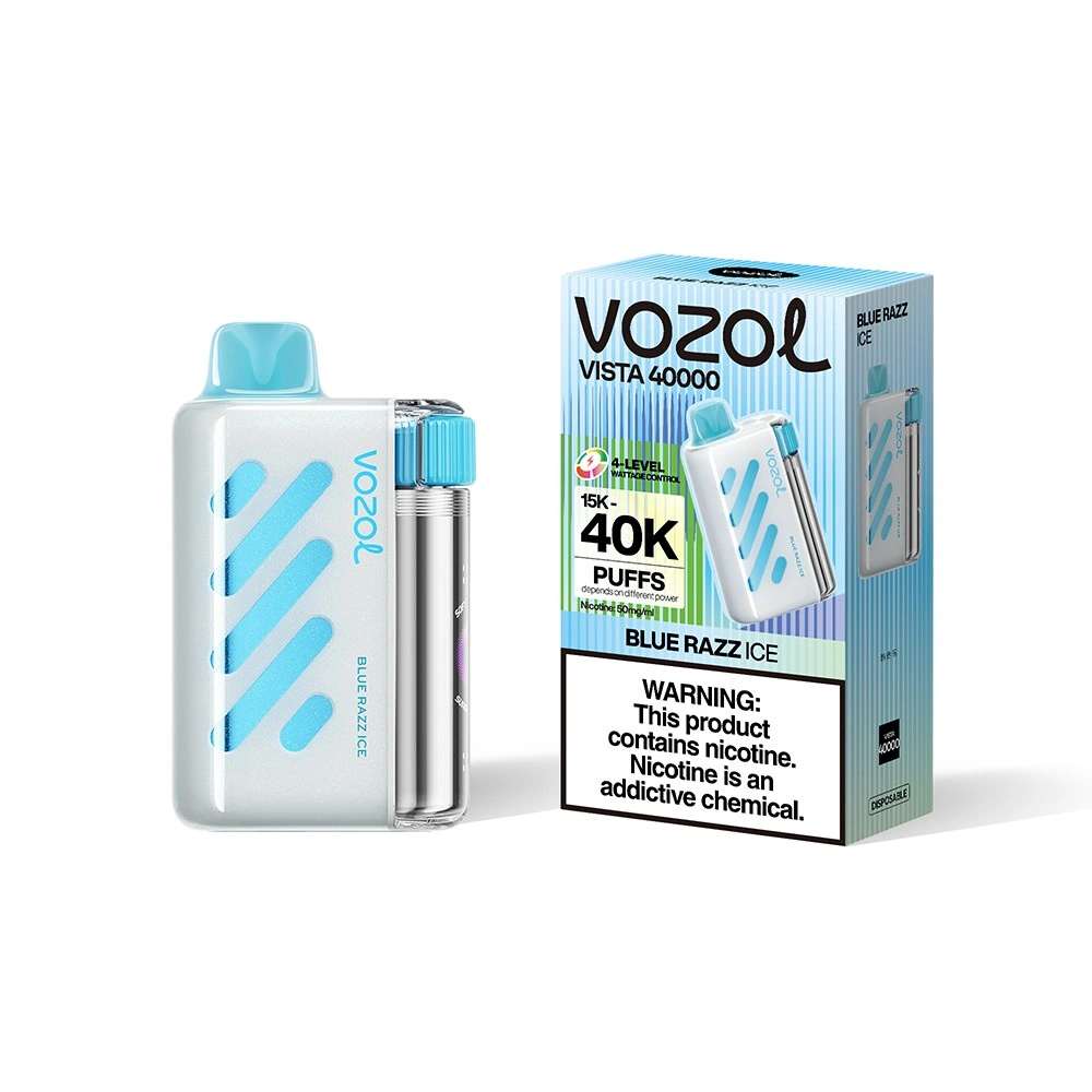 Vozol Vista 40K disposable vape in Blue Razz Ice flavor, showing the dual mesh device and retail package design