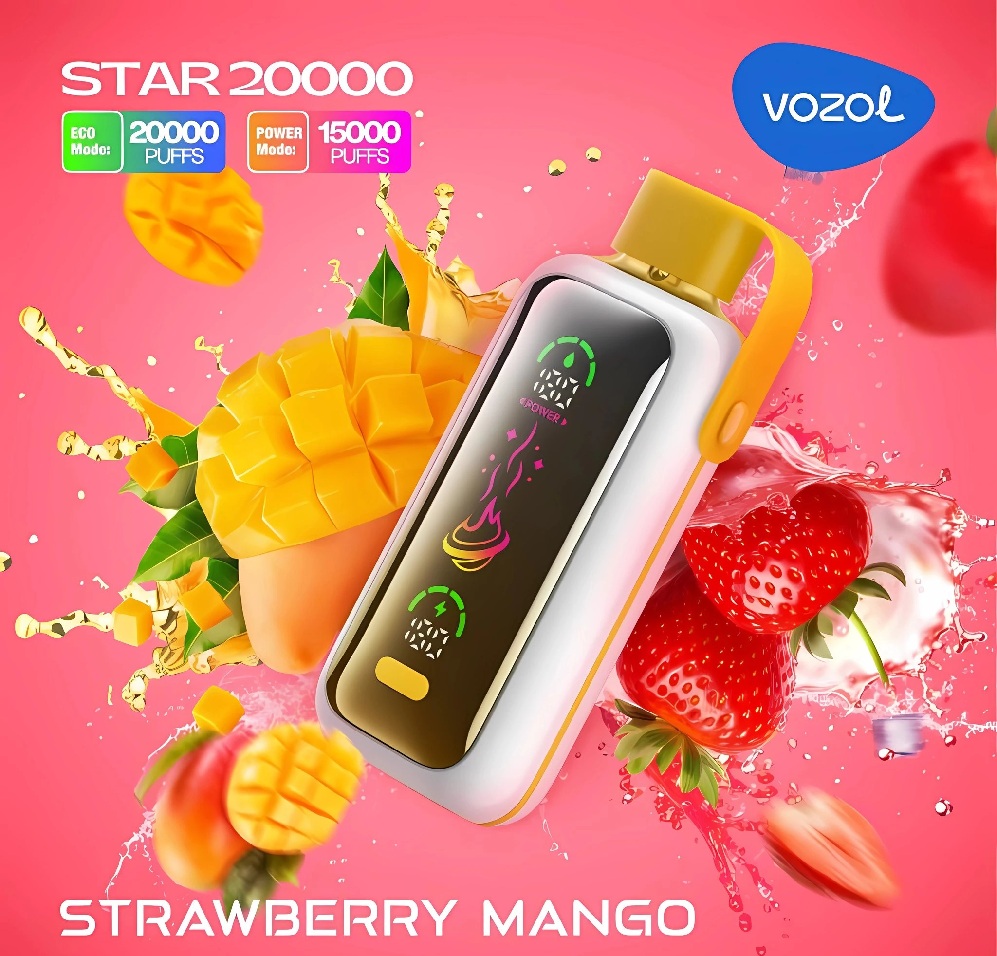 Vozol Star 20K disposable vape in Strawberry Mango flavor, showing the device body and product box