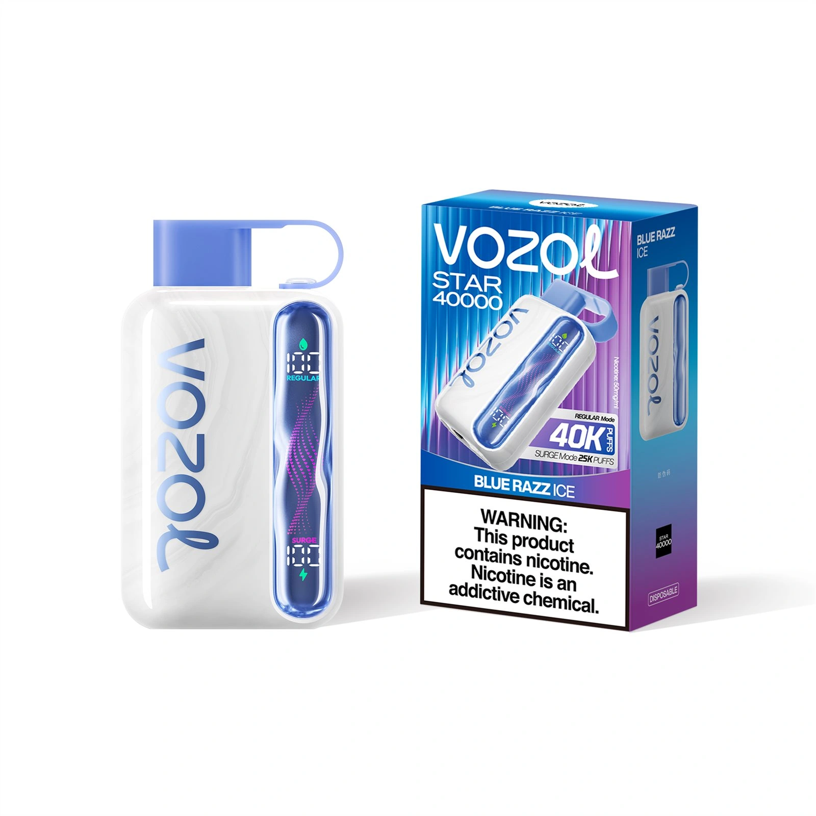 Vozol Star 40K disposable vape in Blue Razz Ice flavor, showing the device and retail package artwork