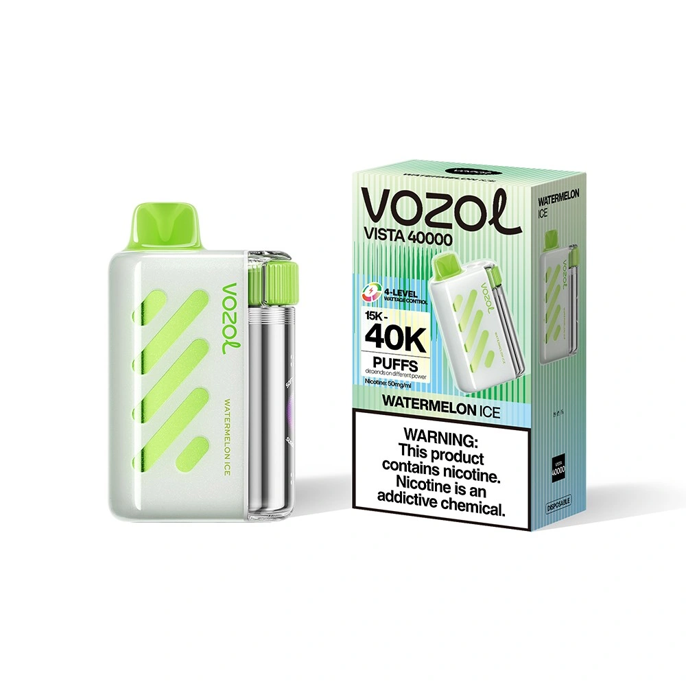 Vozol Vista 40K disposable vape in Watermelon Ice flavor, showing the device and matching product box design