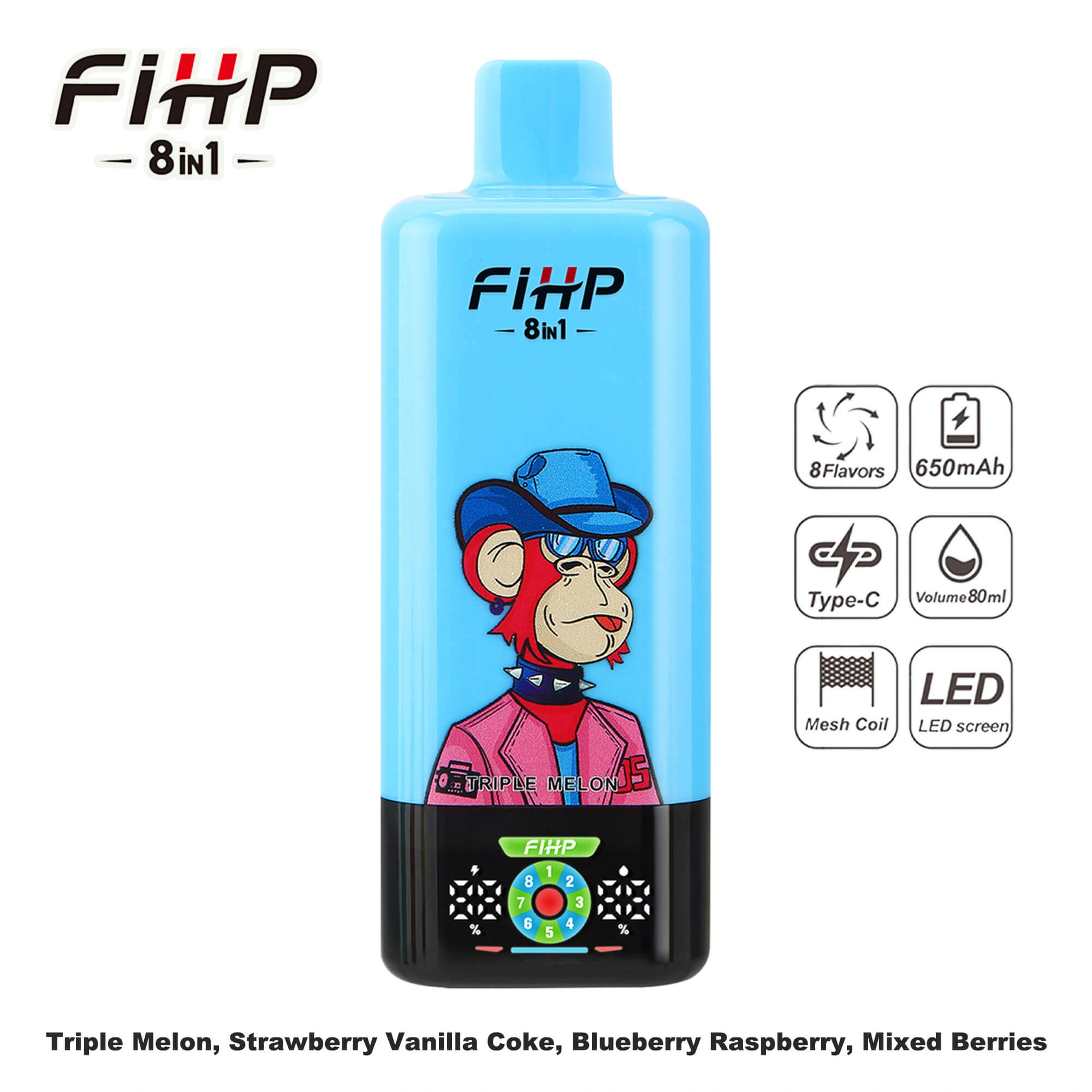 FIHP 200K 8-in-1 disposable vape in Triple Melon Strawberry Vanilla Coke Blueberry Raspberry Mixed flavor, showing the device design and product...