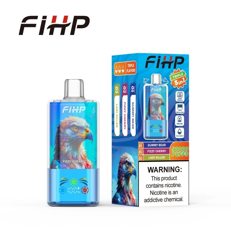 FIHP 90K 3-in-1 disposable vape in Sparklg Cherry Lady Killer Jelly Bear flavor, showing the device design and product presentation