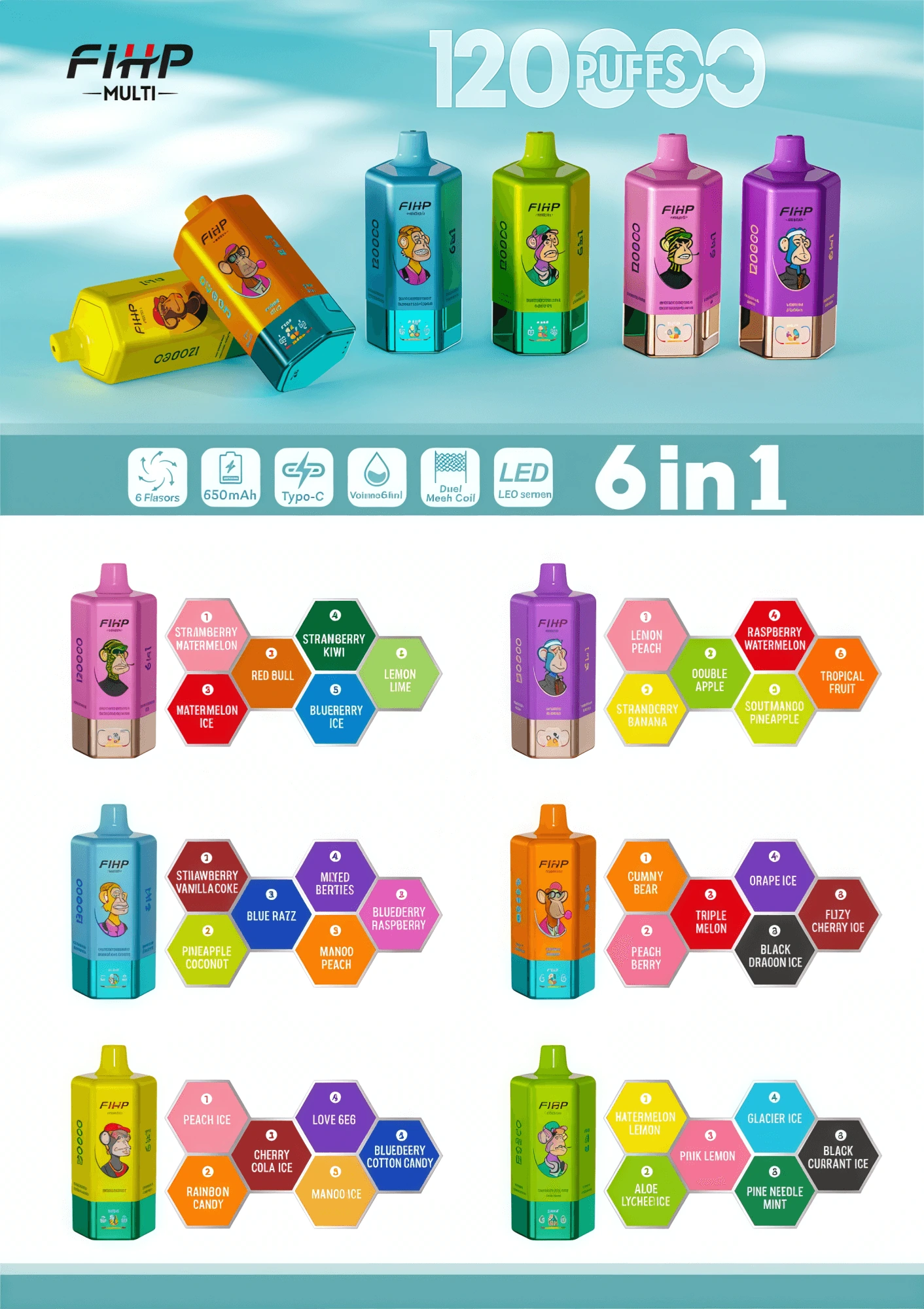 FIHP MULTI 120K 6-in-1 disposable vape flavor lineup image showing available device colors and product range