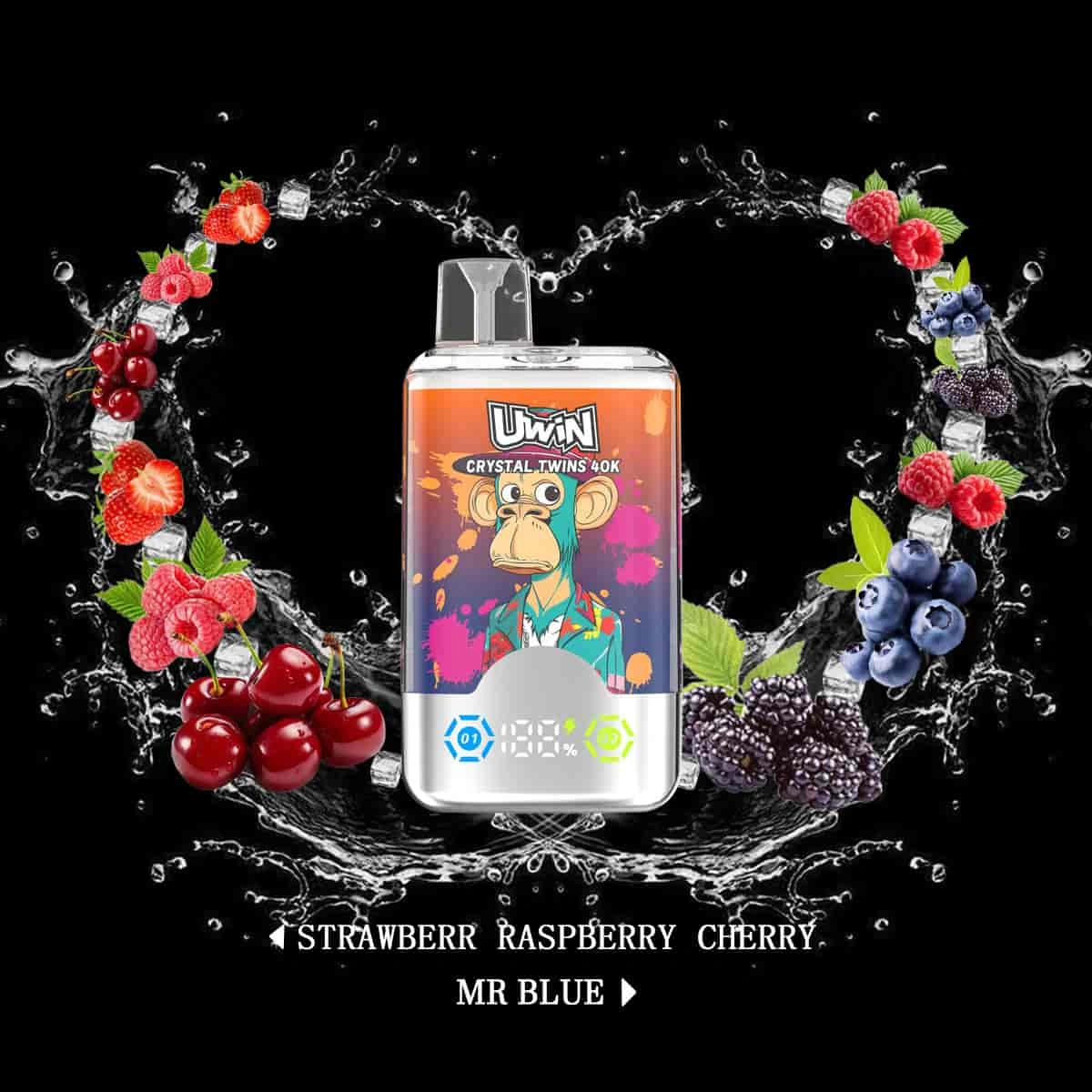 UWIN Crystal Twins 40K disposable vape in Vape Puffs Strawberry Raspberry Cherry Mr Blue flavor, showing the device design and product presentation