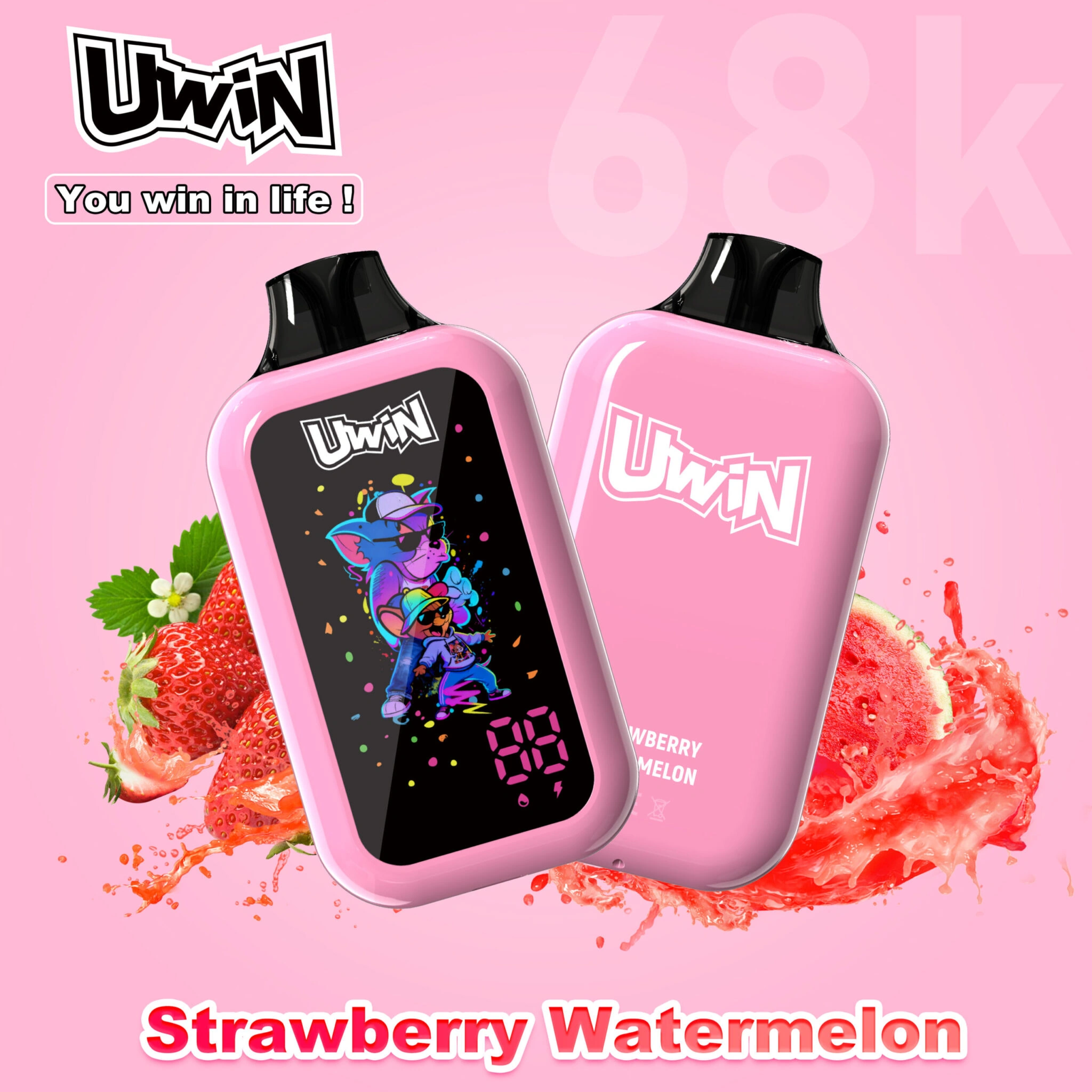 UWIN Digital Box 68K Disposable Vape in Strawberry Watermelon flavor with colorful device and fresh fruit artwork