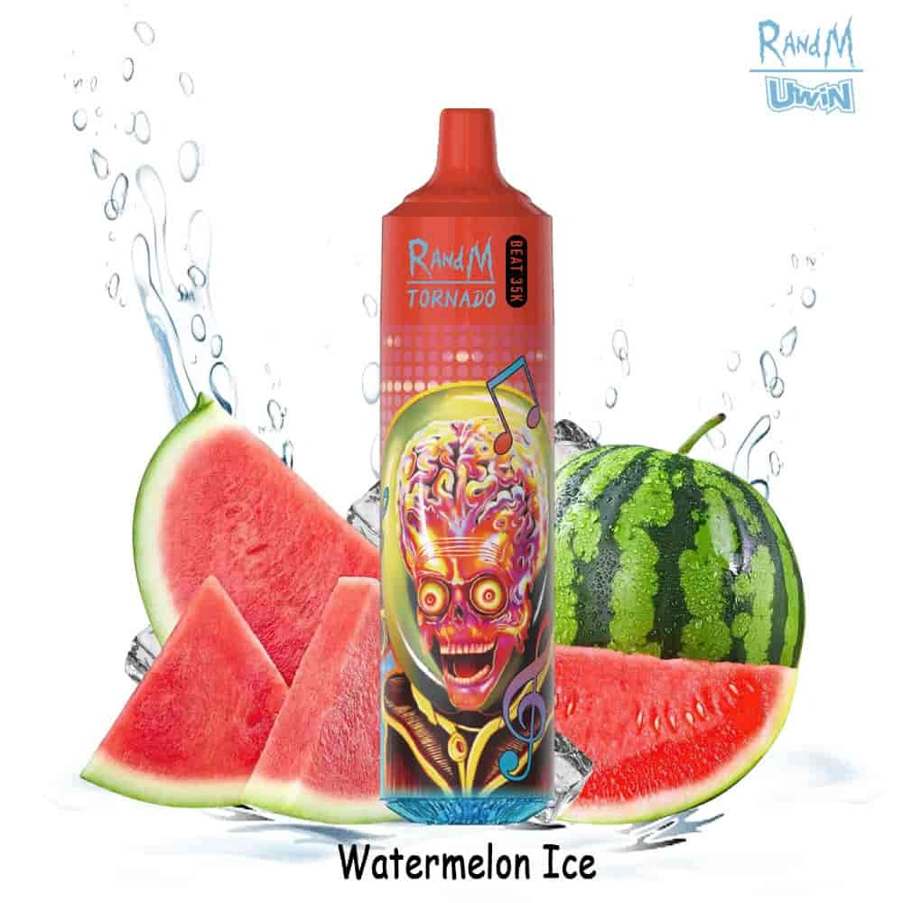 UWIN RandM Tornado 35K disposable vape in Vape Puffs Watermelon Ice flavor, showing the device design and product presentation