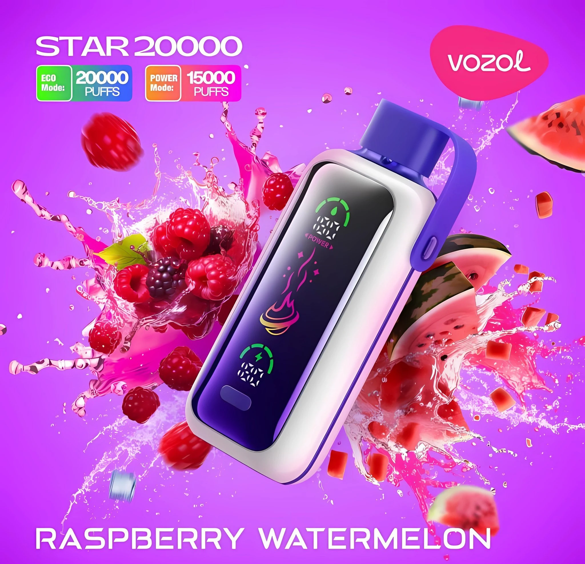 Vozol Star 20K disposable vape in Raspberry Watermelon flavor, showing the device and retail package