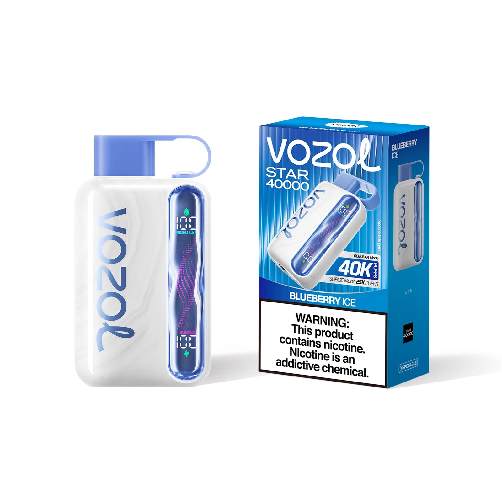 Vozol Star 40K disposable vape in Blueberry Ice flavor, showing the device body and product box design