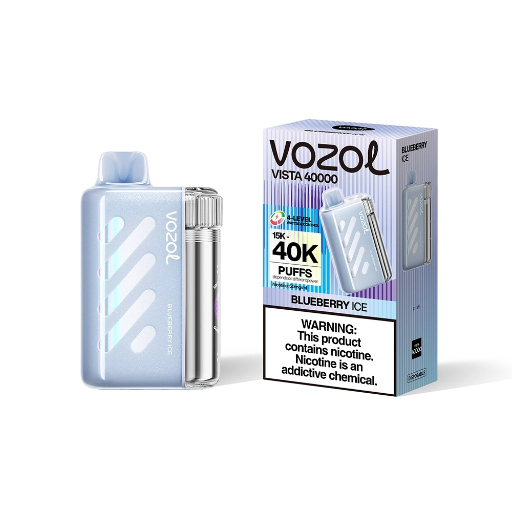 Vozol Vista 40K disposable vape in Blueberry Ice flavor, showing the device body and retail packaging