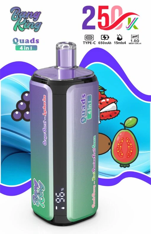 Bang King 250K 4-in-1 disposable vape flavor lineup image showing available device colors and product range