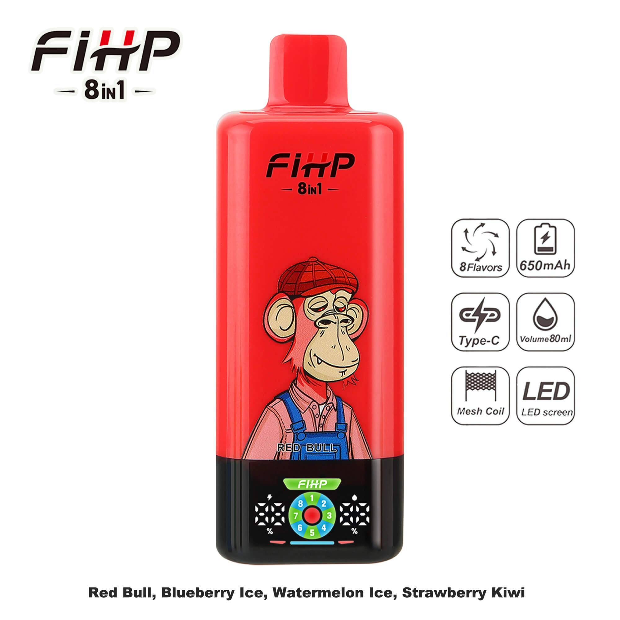 FIHP 200K 8-in-1 disposable vape in Red Bull Blueberry Ice Watermelon Ice Strawberry Kiwi flavor, showing the device design and product presentation