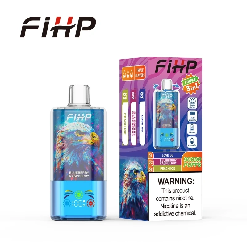 FIHP 90K 3-in-1 disposable vape in Blue Razz Lemonade Strawberry Raspberry Rabow Candies flavor, showing the device design and product presentation