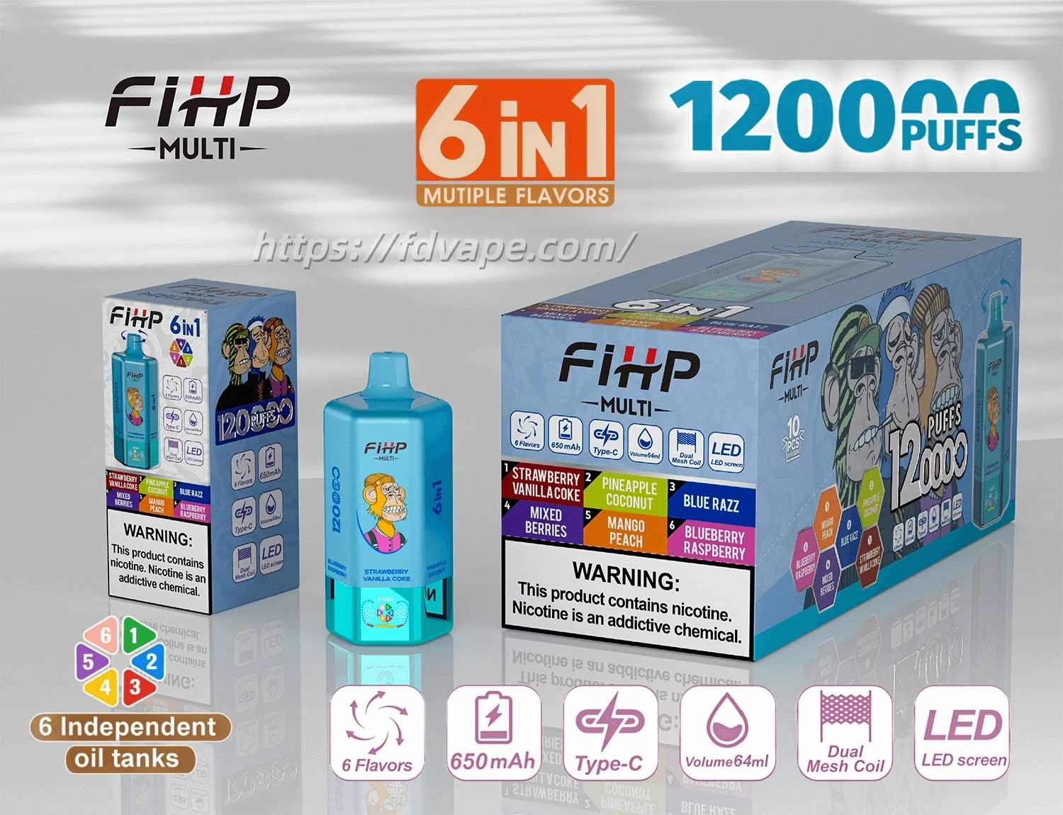 FIHP MULTI 120K 6-in-1 disposable vape in Blue flavor, showing the device design and product presentation
