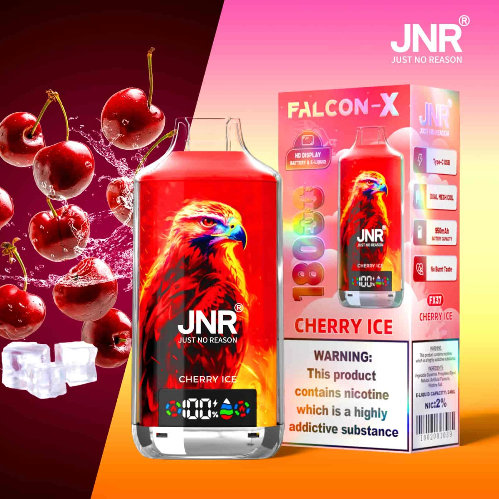 JNR Falcon-X 18K disposable vape in Vape Falon Puffs Sleek Vape Falon Puffs Cherry flavor, showing the device design and product presentation