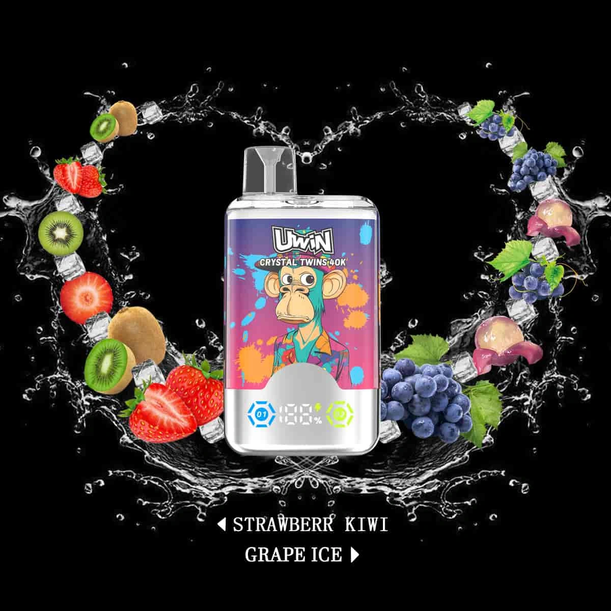 UWIN Crystal Twins 40K disposable vape in Vape Puffs Strawberry Kiwi Grape Ice flavor, showing the device design and product presentation