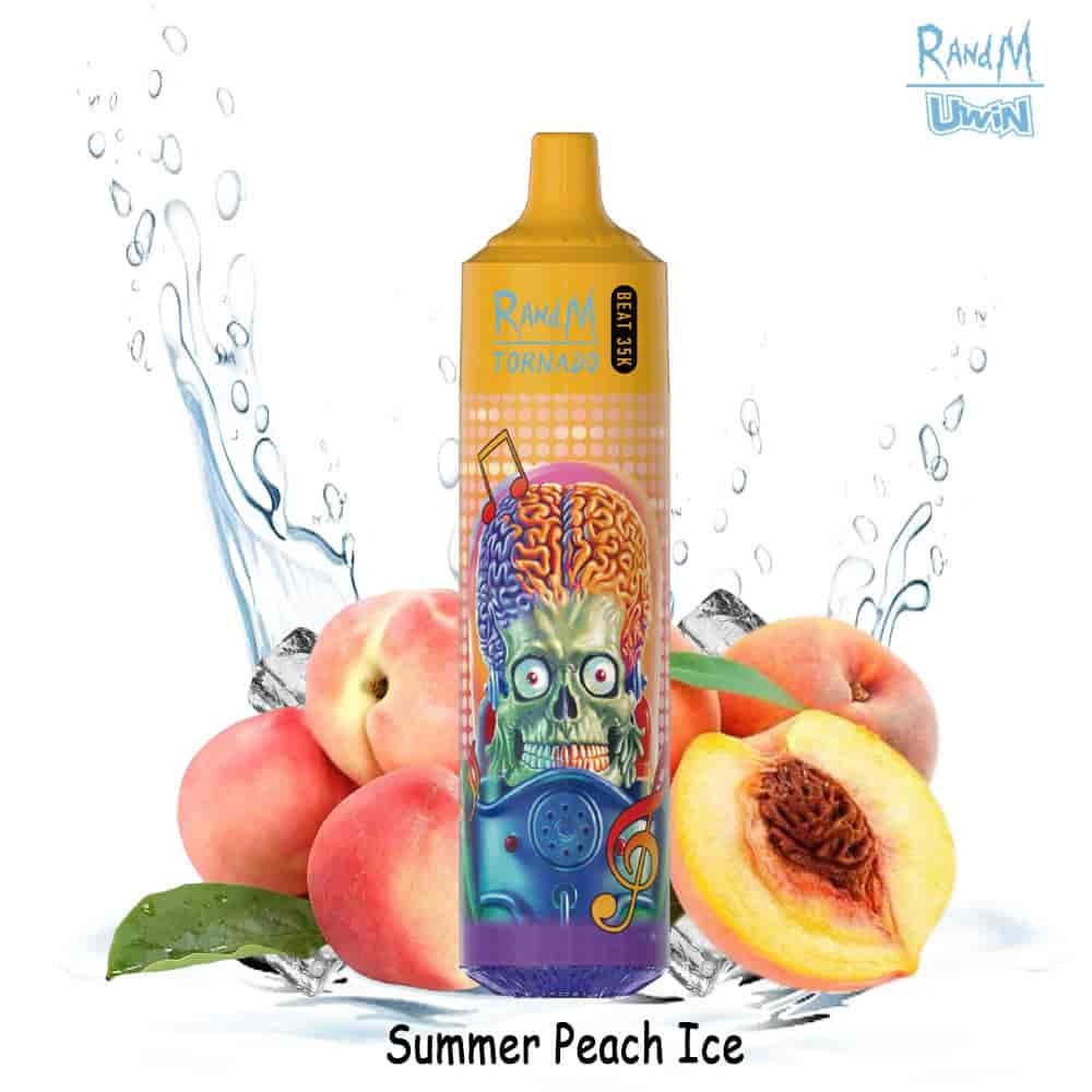 UWIN RandM Tornado 35K disposable vape in Vape Puffs Summer Peach Ice flavor, showing the device design and product presentation