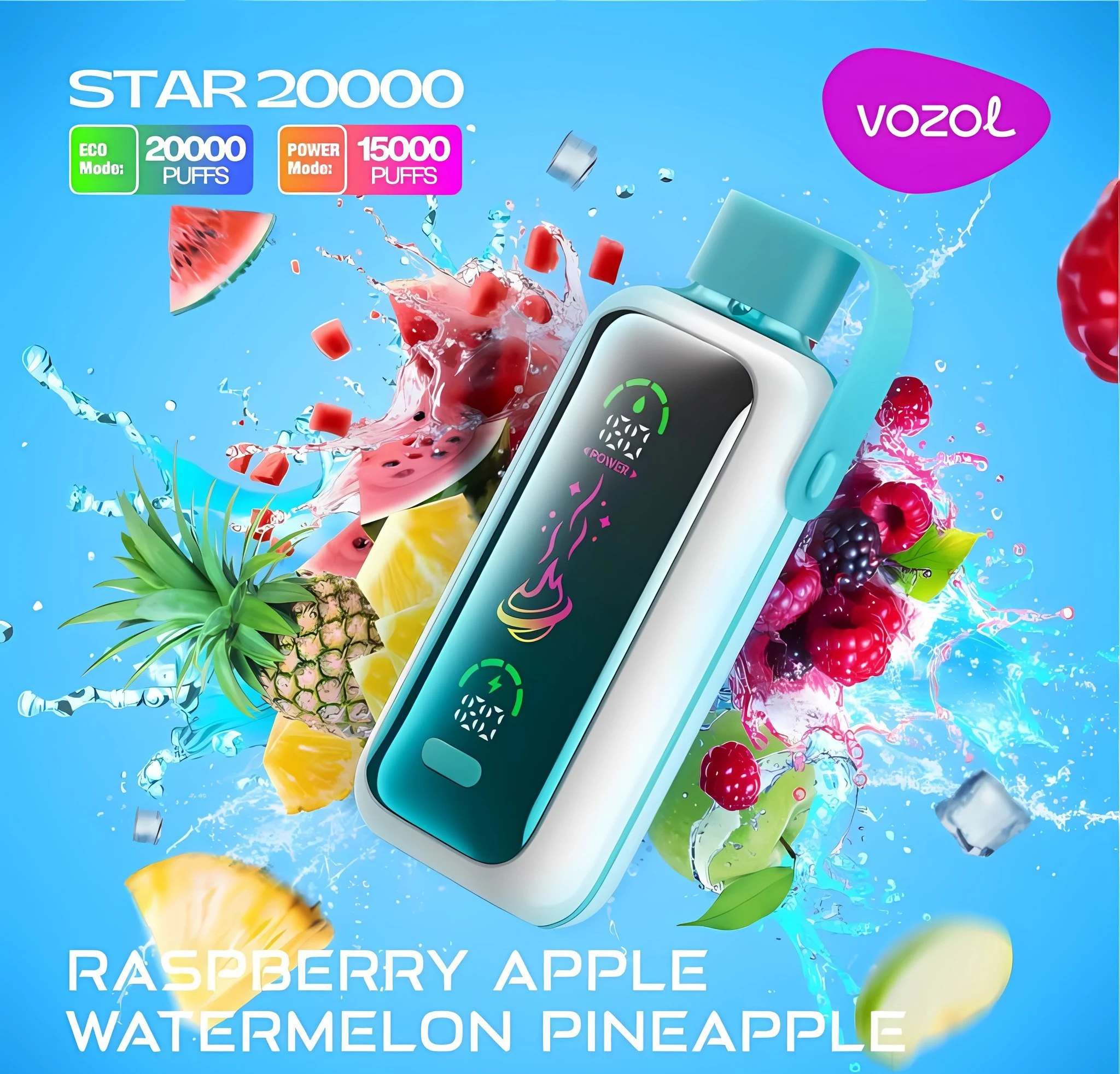 Vozol Star 20K disposable vape in Raspberry Apple Watermelon Pineapple flavor with device and box design