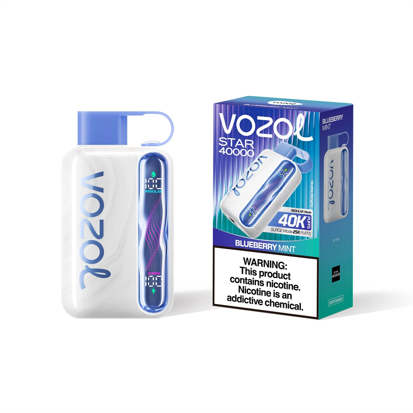 Vozol Star 40K disposable vape in Blueberry Mint flavor, showing the device and matching retail package