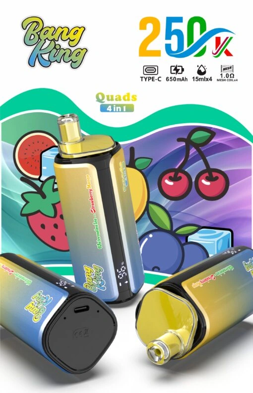 Bang King 250K 4-in-1 disposable vape in Rainbow flavor, showing the device design and product presentation