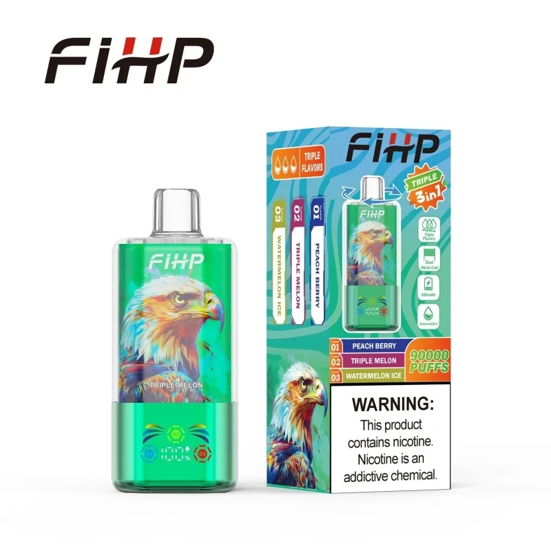 FIHP 90K 3-in-1 disposable vape in Sparklg Cherry Lady Killer Jelly Bear flavor, showing the device design and product presentation