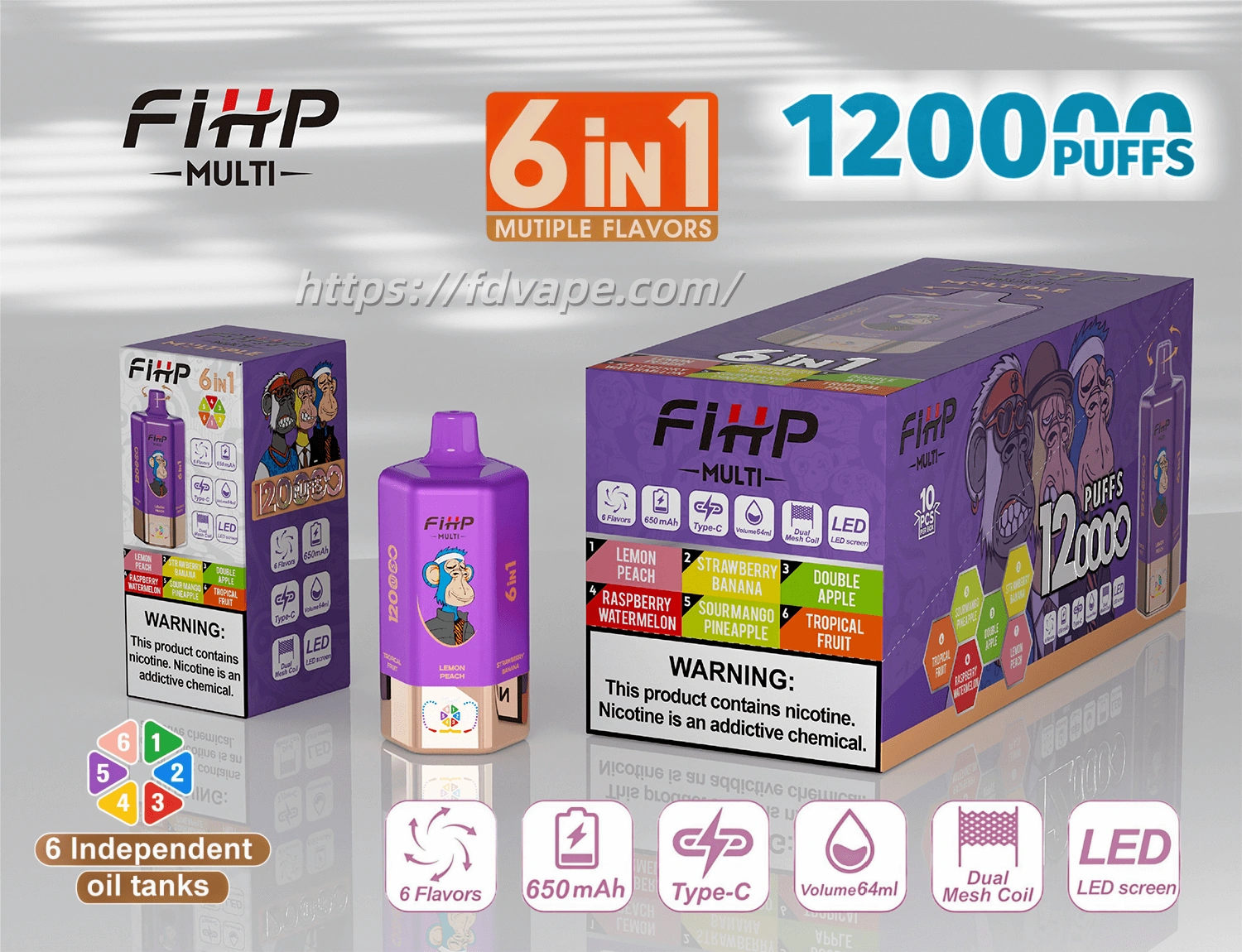 FIHP MULTI 120K 6-in-1 disposable vape product image showing the device with matching retail packaging