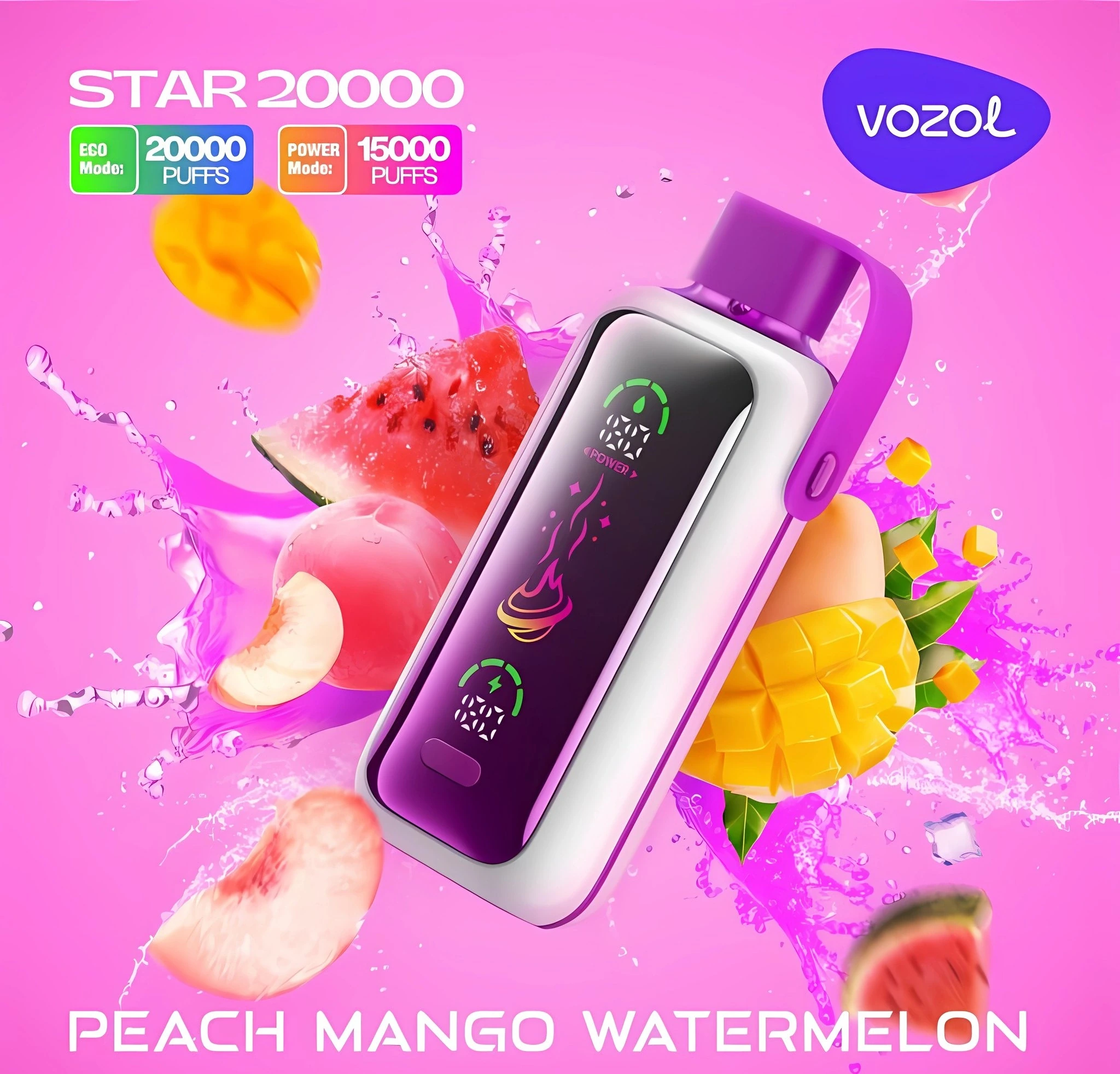 Vozol Star 20K disposable vape in Peach Mango Watermelon flavor, showing the device and retail package