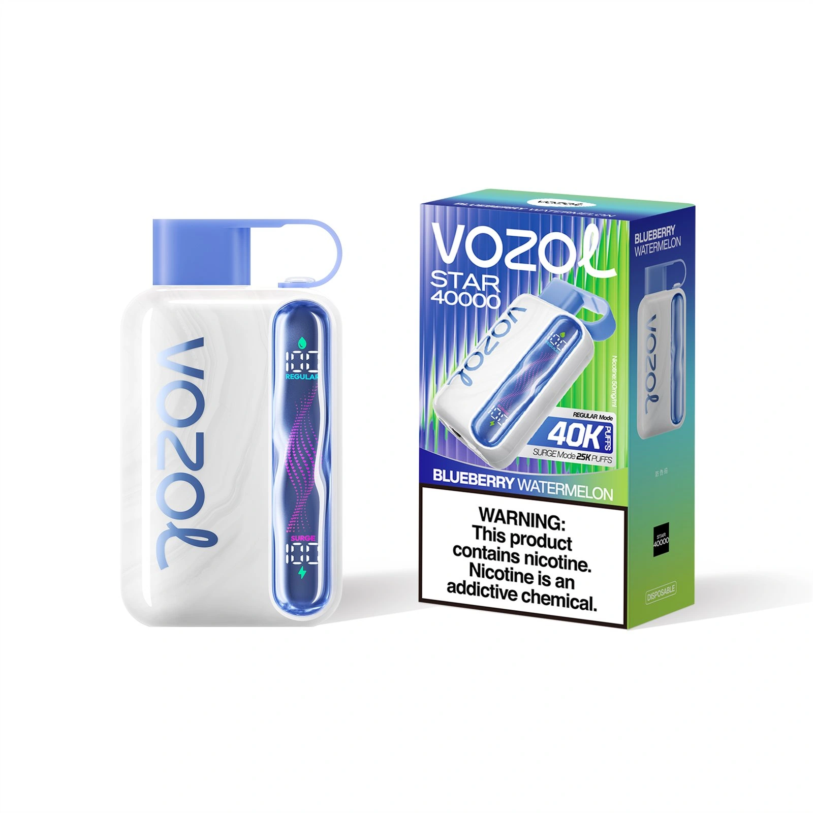 Vozol Star 40K disposable vape in Blueberry Watermelon flavor, showing the device and product package