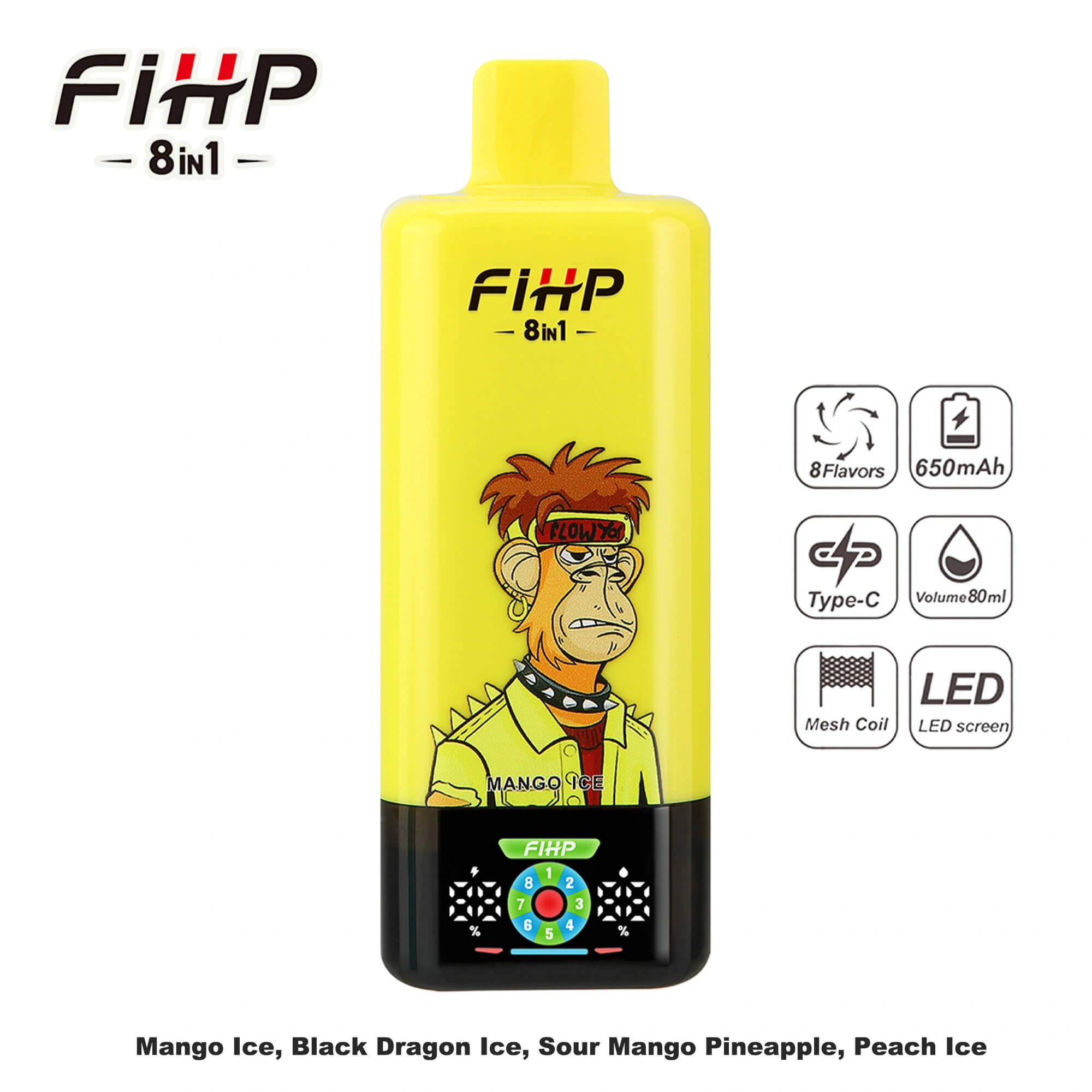 FIHP 200K 8-in-1 disposable vape in Mango Ice Black Dragon Ice Sour Mango Peapple flavor, showing the device design and product presentation