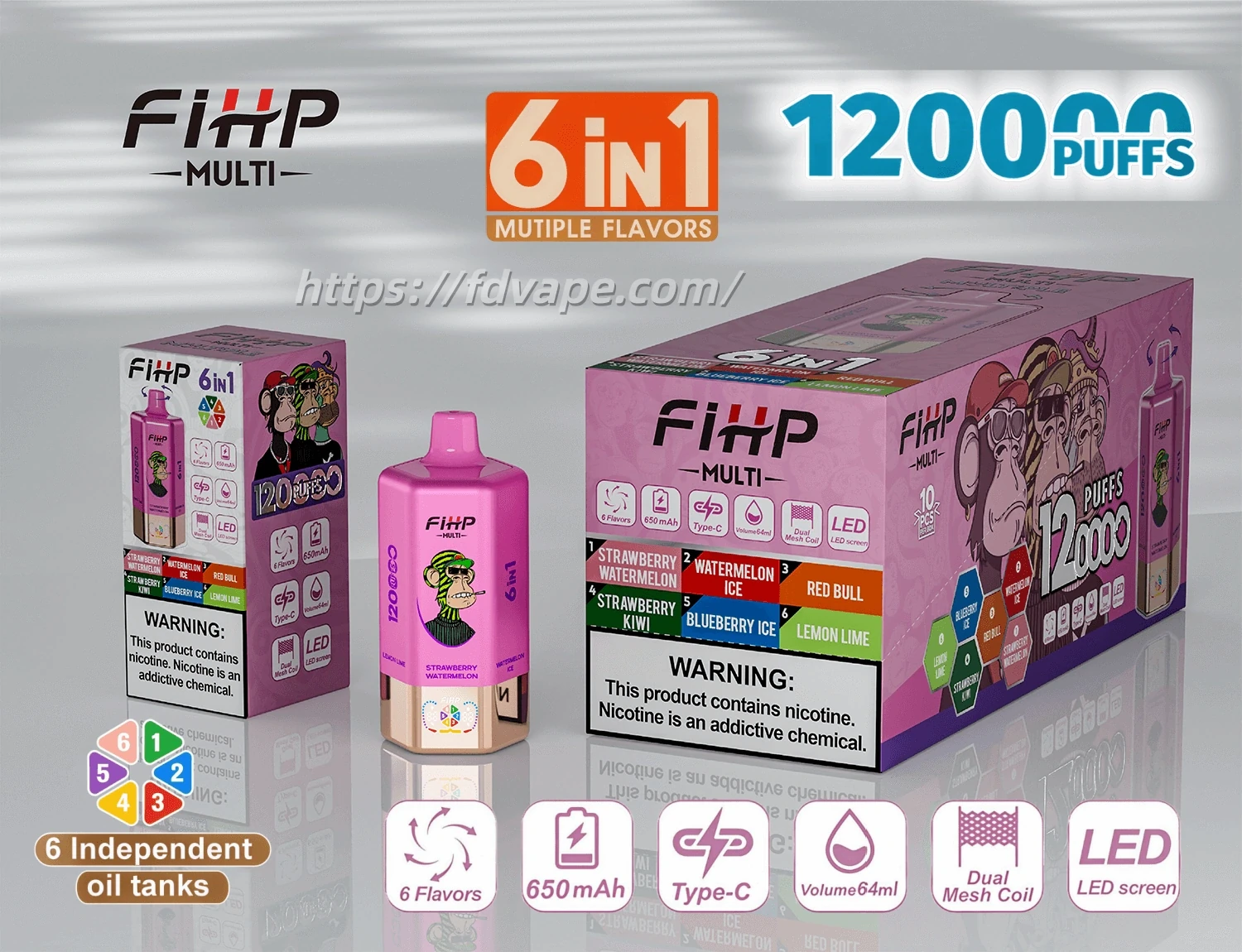 FIHP MULTI 120K 6-in-1 disposable vape product image showing the device with matching retail packaging