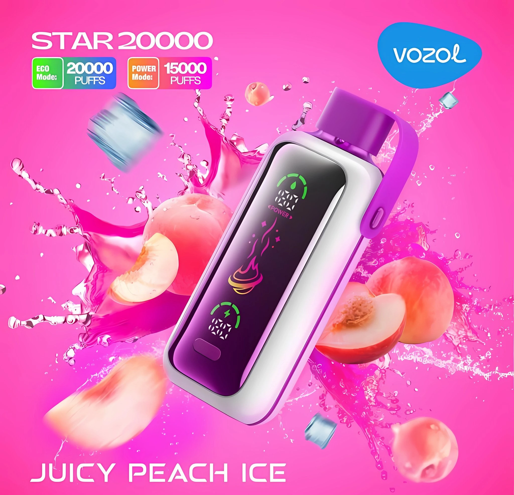 Vozol Star 20K disposable vape in Juicy Peach Ice flavor, showing the device body and matching box artwork