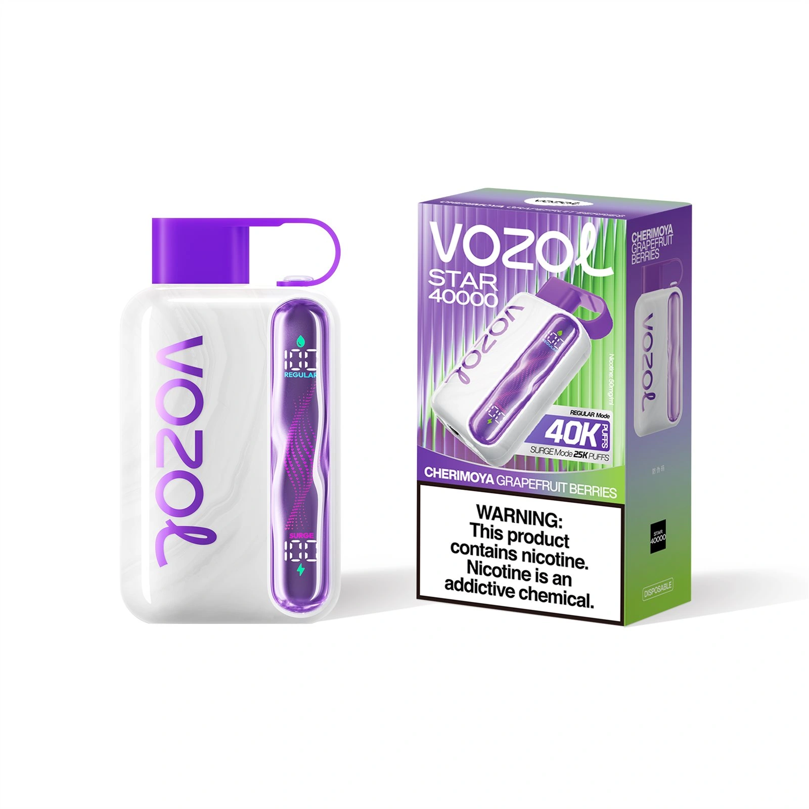 Vozol Star 40K disposable vape in Cherimoya Grapefruit Berry flavor with device and retail box design