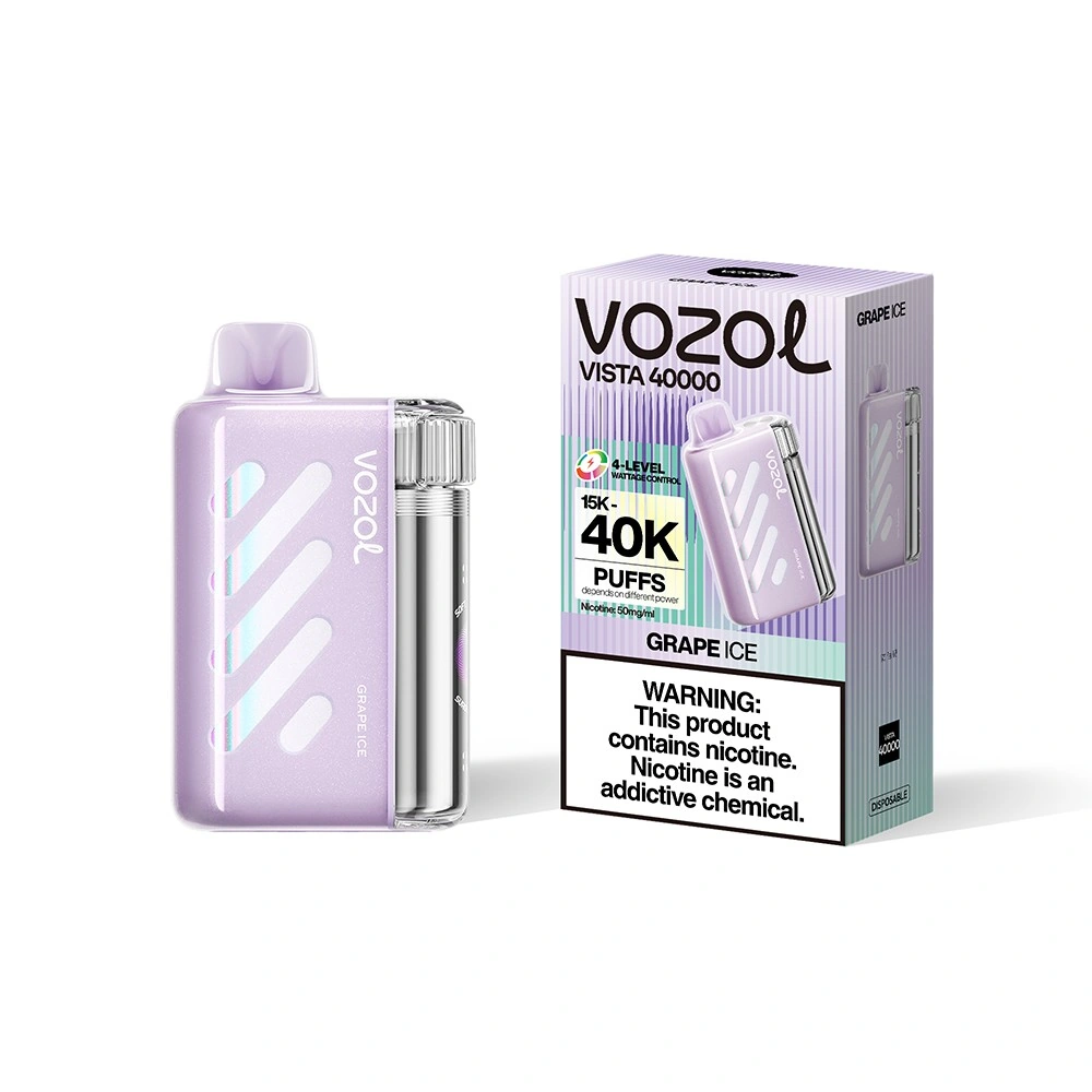 Vozol Vista 40K disposable vape in Grape Ice flavor, showing the device design beside the retail package