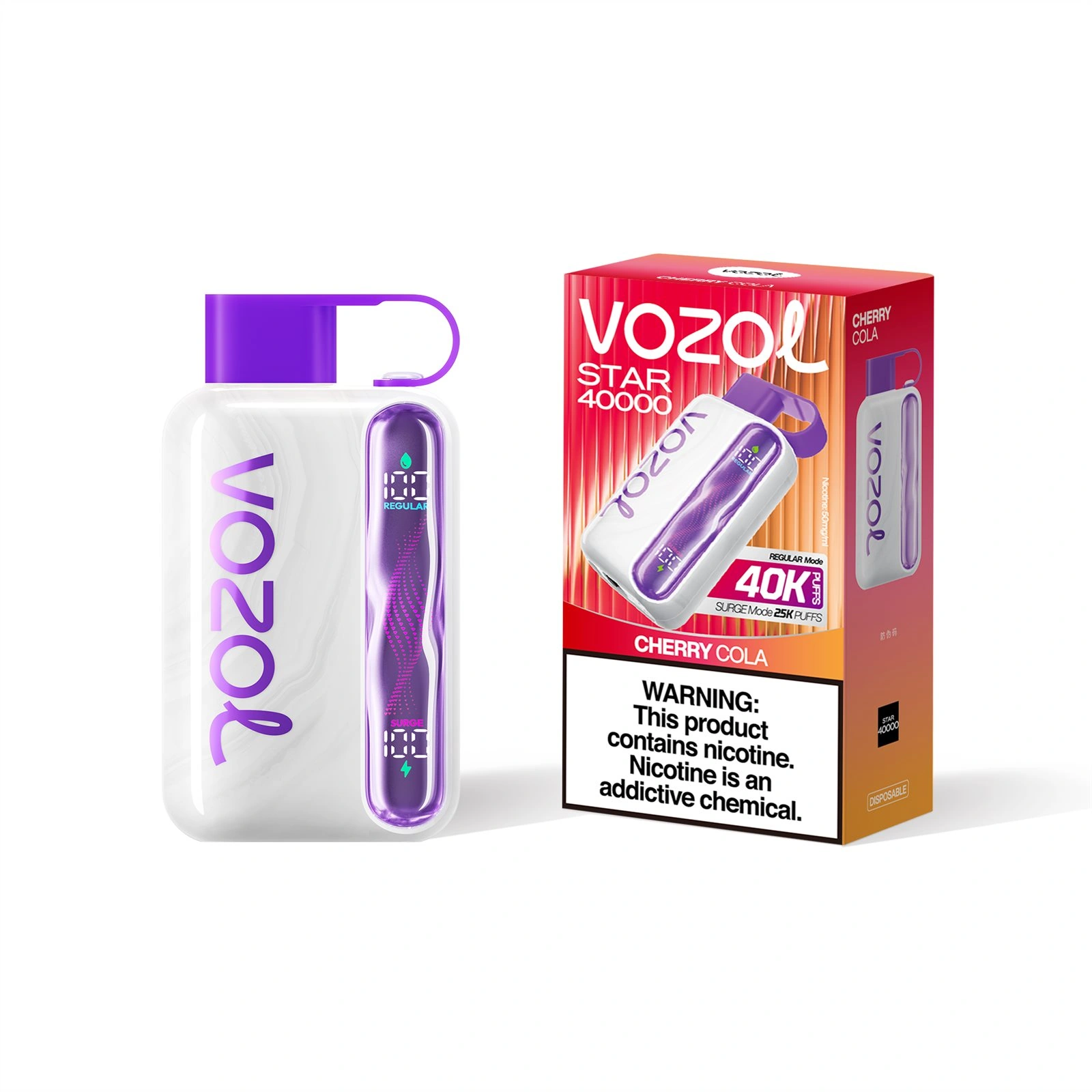 Vozol Star 40K disposable vape in Cherry Cola flavor, showing the device beside the retail package