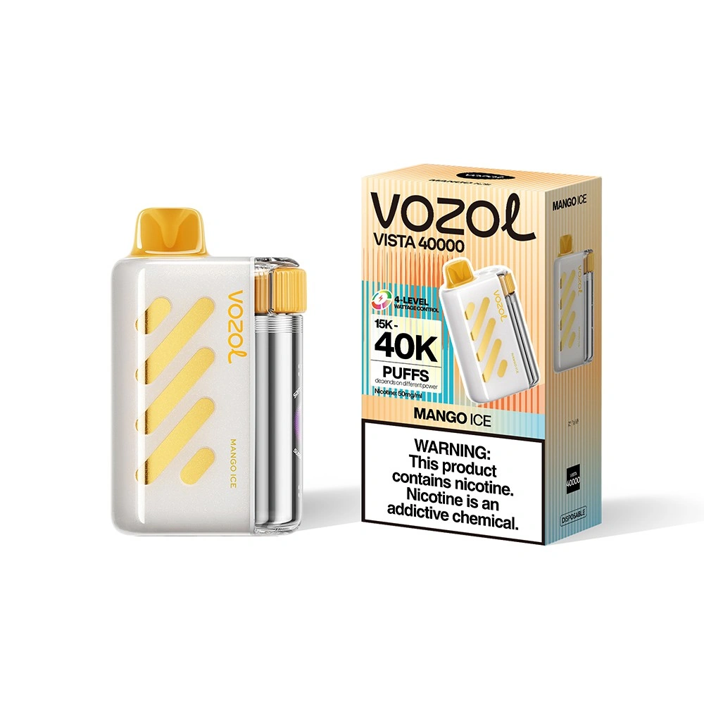 Vozol Vista 40K disposable vape in Mango Ice flavor, showing the device body and matching package artwork