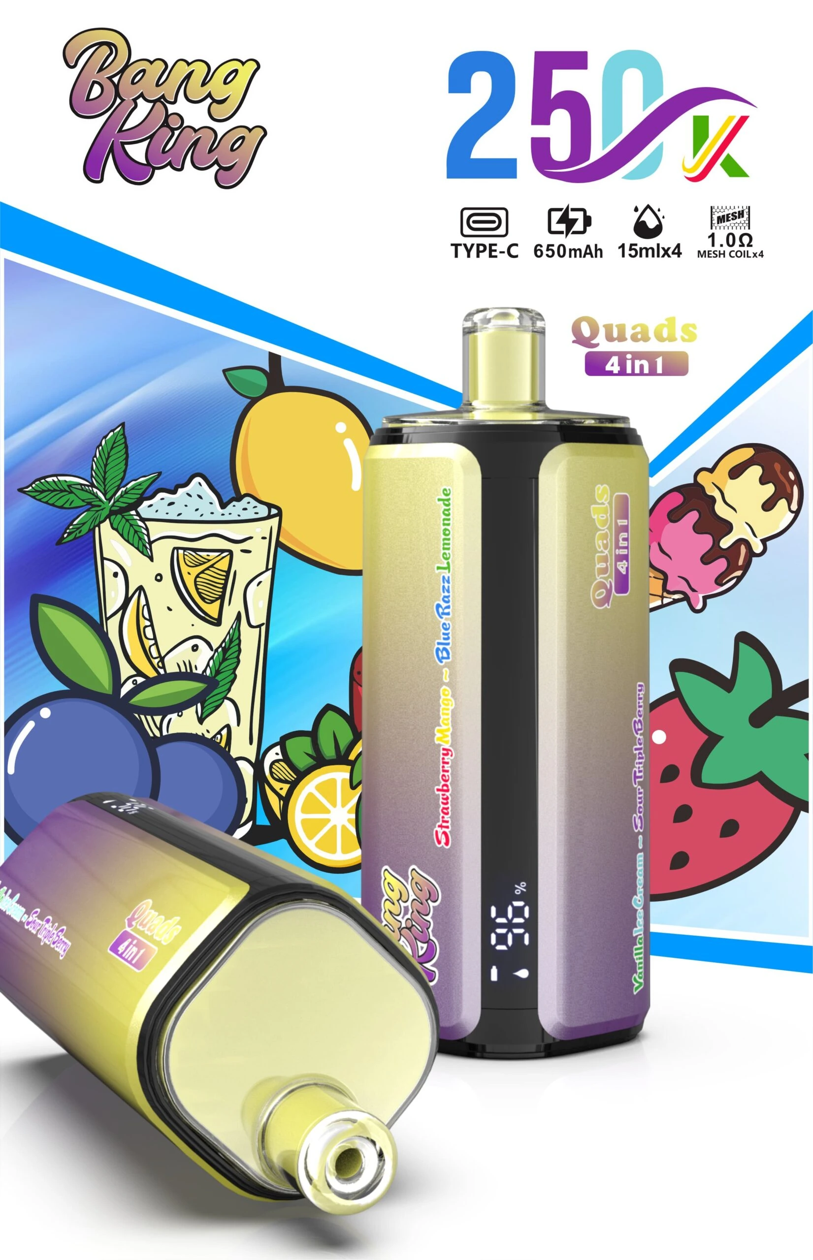 Bang King 250K 4-in-1 disposable vape detail image showing device features and product design information