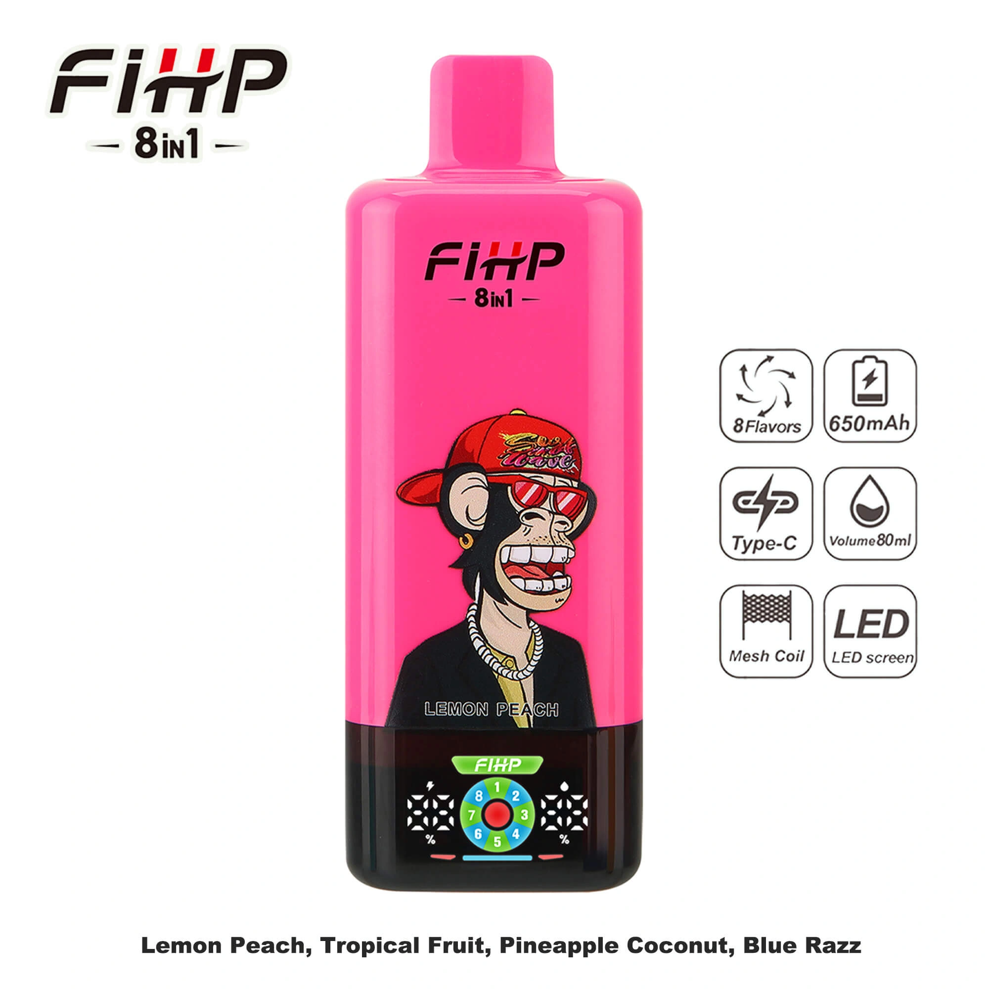 FIHP 200K 8-in-1 disposable vape in Lemon Peach Tropical Fruit Peapple Coconut Blue Razz flavor, showing the device design and product presentation
